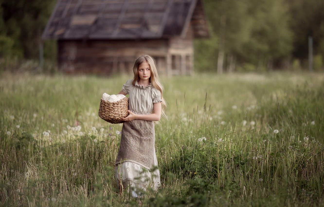 Wallpaper grass, basket, village, girl, the hassle, Marina Petro image for desktop, section настроения