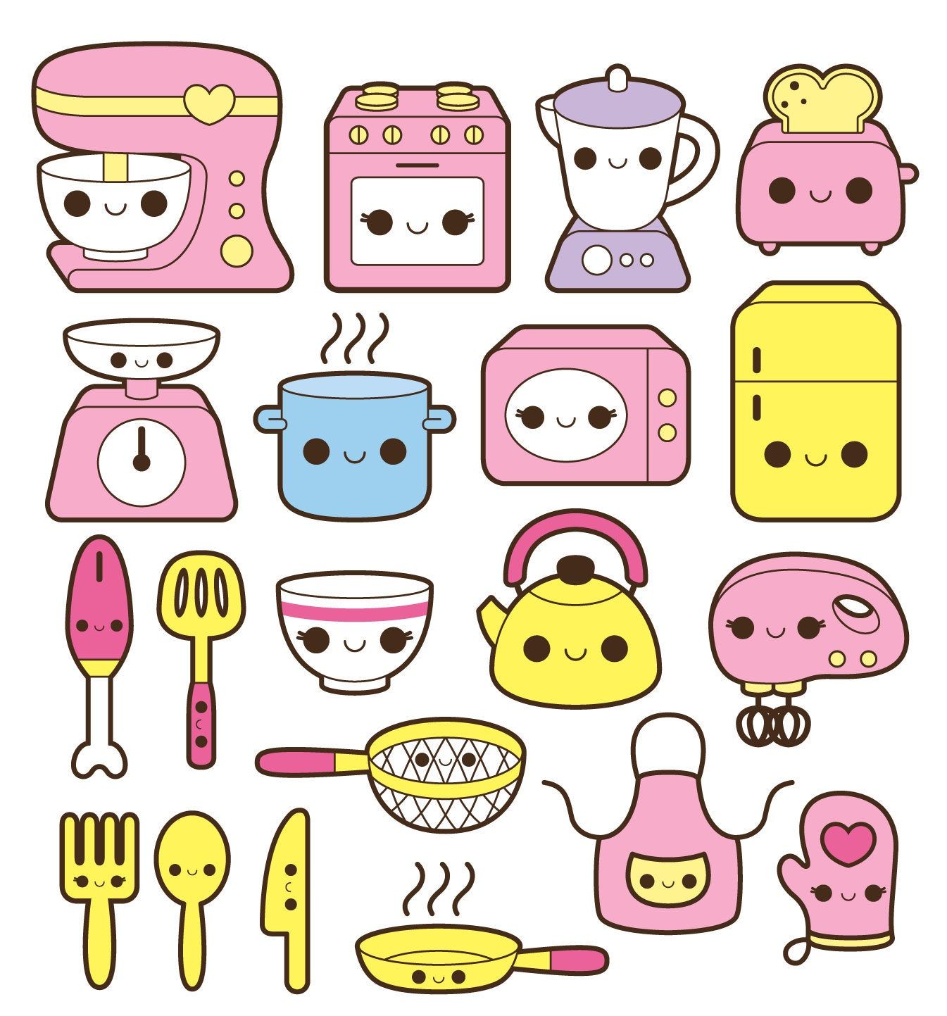 Kawaii kitchen clipart, kawaii cooking clip art, cute kitchen clipart, kawaii baking clipart, cooking tools, kitchen accessories, cute mixer. Cute food drawings, Kawaii cooking, Kawaii doodles