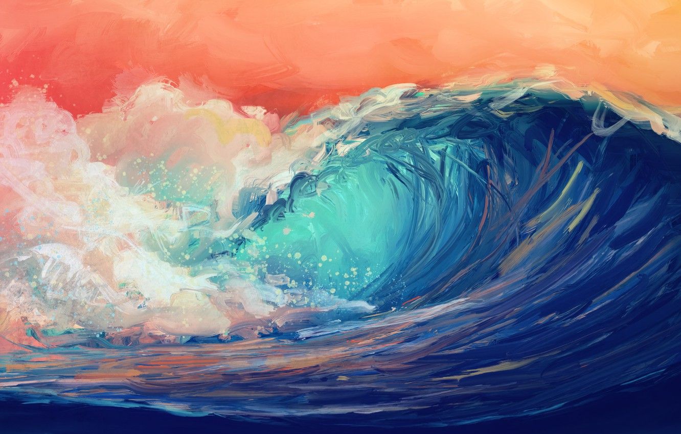 Wallpaper waves, sky, water, art, digital art, artwork, Sea, orange sky image for desktop, section арт