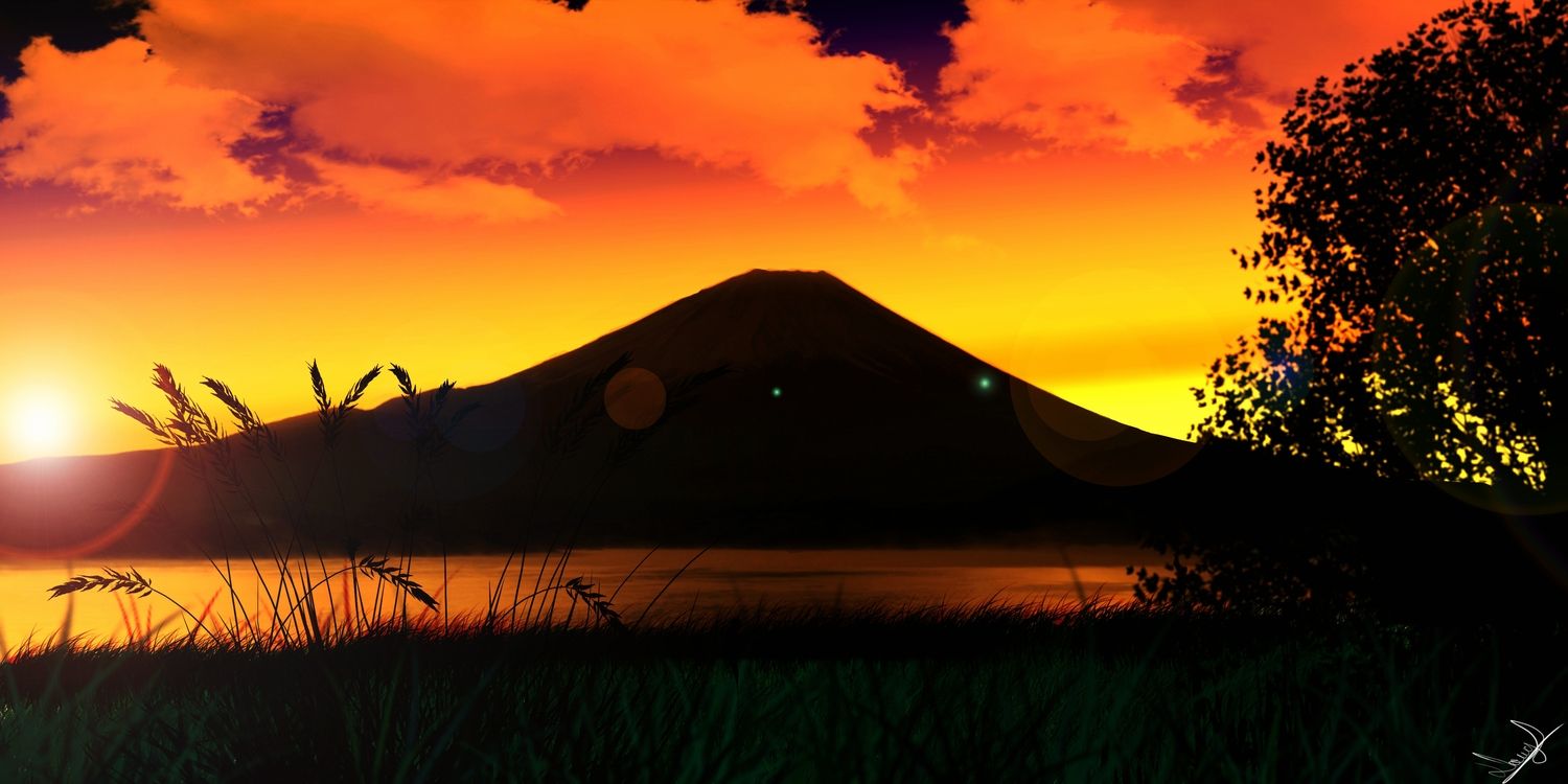clouds grass landscape orange scan scenic signed silhouette sky sunset tree water. konachan.net.com Anime Wallpaper