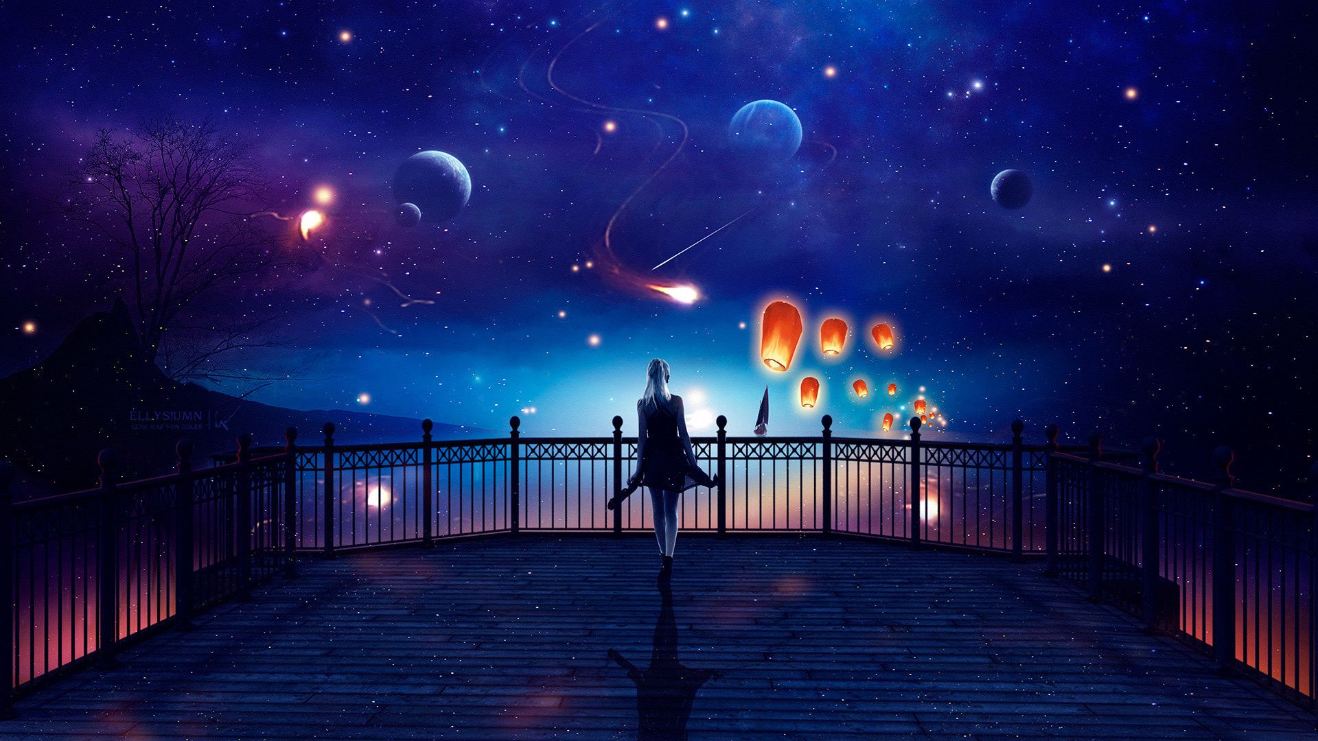 Desktop wallpaper outdoor, fantasy, anime girl, woman, space, planets, HD image, picture, background, 83ef98