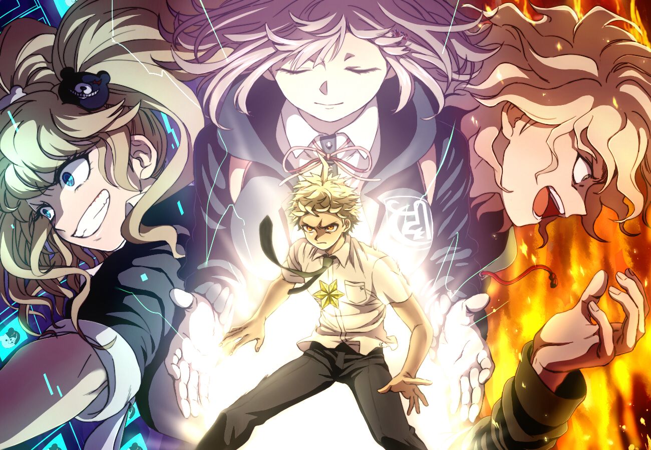 nanami chiaki, enoshima junko, komaeda nagito, monokuma, and hinata hajime (danganronpa and 2 more) drawn