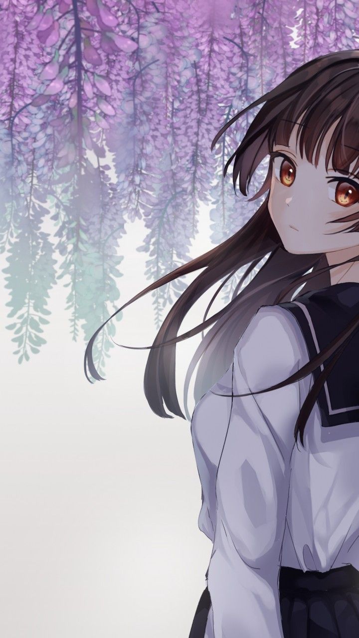 Download 720x1280 Anime School Girl, Cherry Blossom, Back View, School Uniform, Brown Hair Wallpaper for Galaxy S3, Galaxy Note II, Galaxy Nexus, Alcatel One Touch Idol Ultra