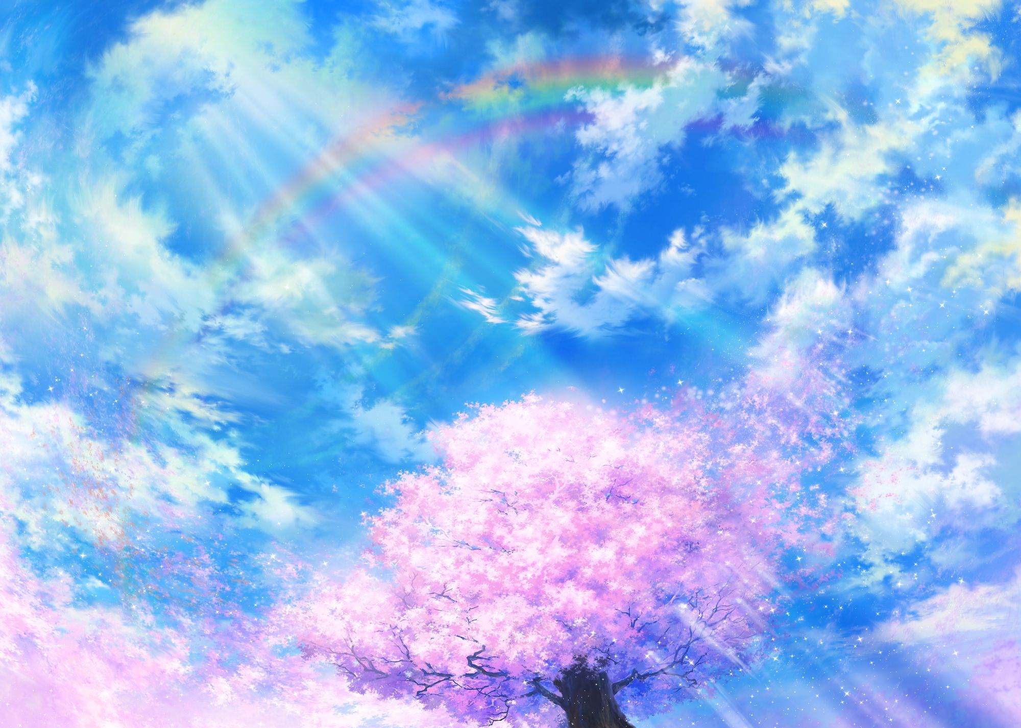 Cherry blossoms clouds iy tujiki original petals rainbow scenic sky tree wallpaperx1426. Anime scenery, Anime background, Anime wallpaper