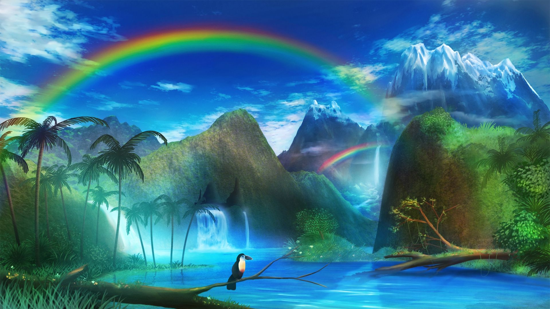 Anime Fantasy Art Colorful Rainbows Landscape Birds Wallpaper:1920x1080