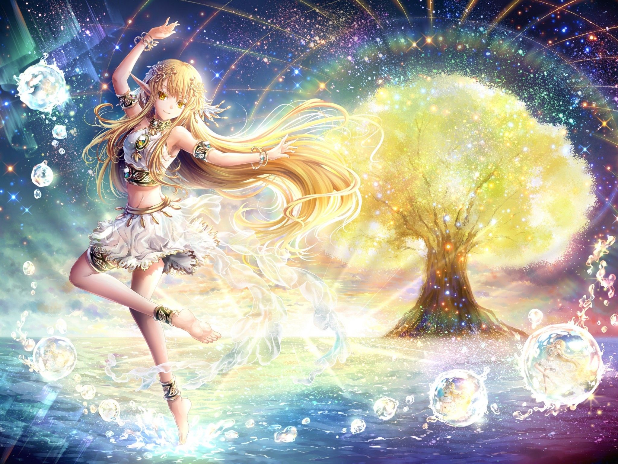 Download 2048x1536 Anime Girl, Dancing, Elf Ears, Blonde, Scenic, Water, Tree, Rainbow Wallpaper for Ainol Novo 9 Spark