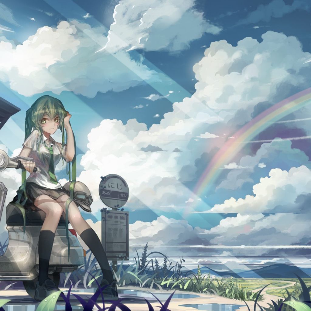 Vocaloid Hatsune Miku on the background of rainbow, anime Desktop wallpaper 1024x1024