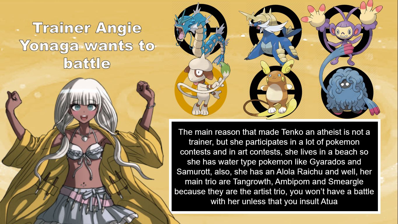 Danganronpa characters as pokemon trainers. Angie Yonaga