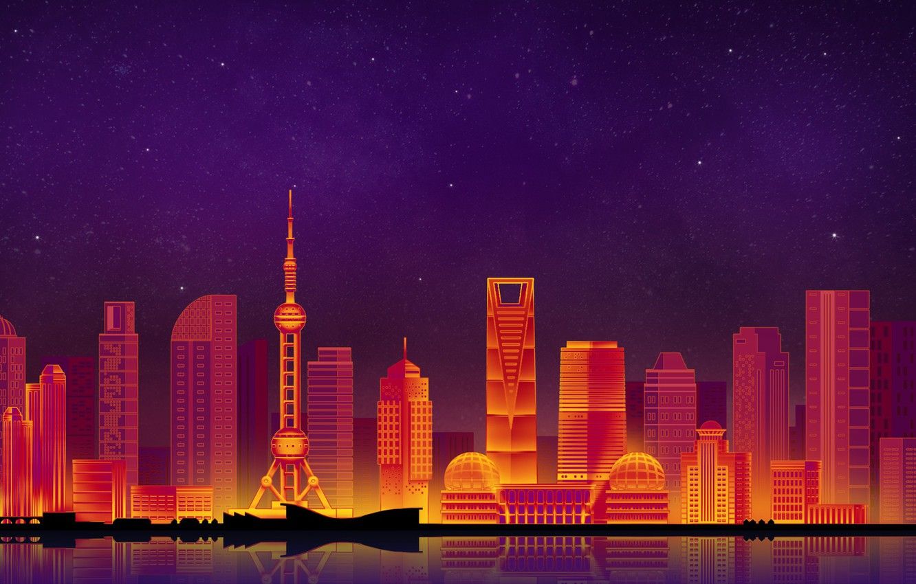 Wallpaper The sky, Minimalism, Night, The city, Shanghai, Shanghai, Art, Digital, Illustration, Game Art, by Caio Perez, Caio Perez, City Background image for desktop, section минимализм