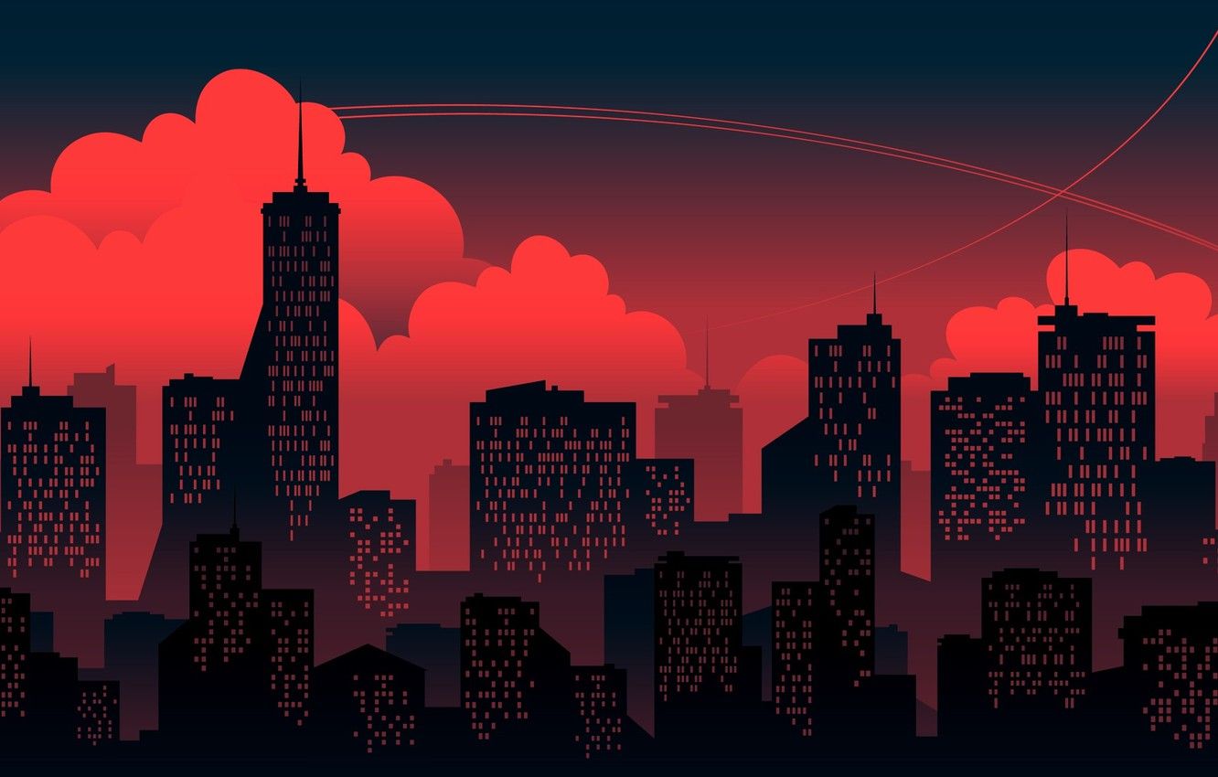 Wallpaper Sunset, Red, Clouds, Minimalism, The city, Building, The building, Background image for desktop, section минимализм