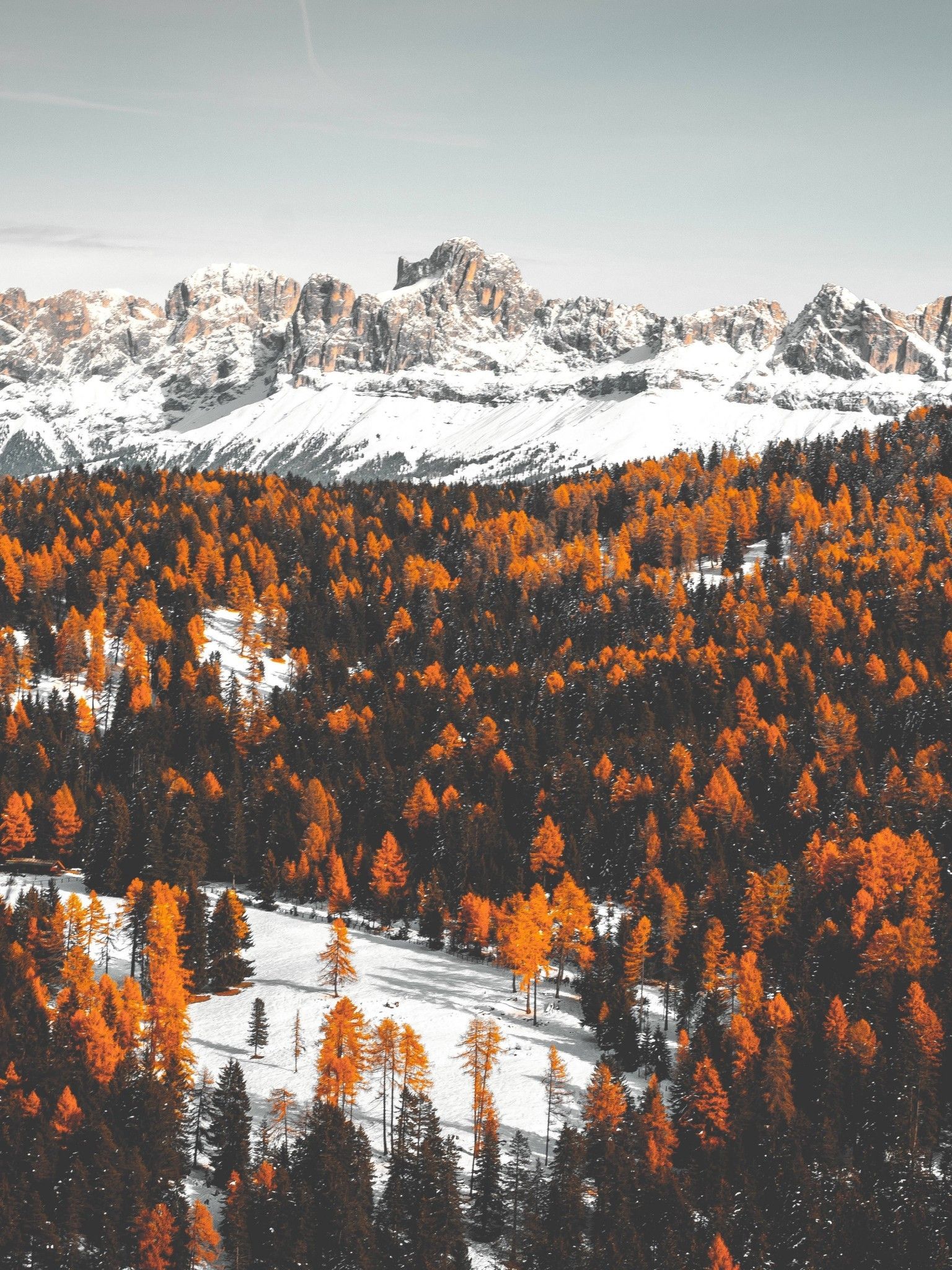 Download 1536x2048 Autumn, Snow, Winter, Scenic, Mountain, Hills, Clear Sky Wallpaper for Apple iPad Mini, Apple IPad 4