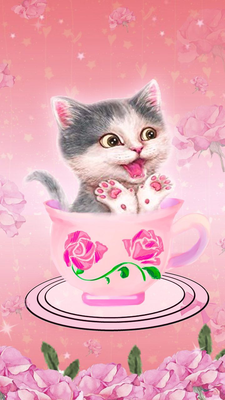 Kitty in a cup. Pink cute kitty wallpaper art. #pink #roses. Wallpaper, Wallpaper paisagem, Aplicativos