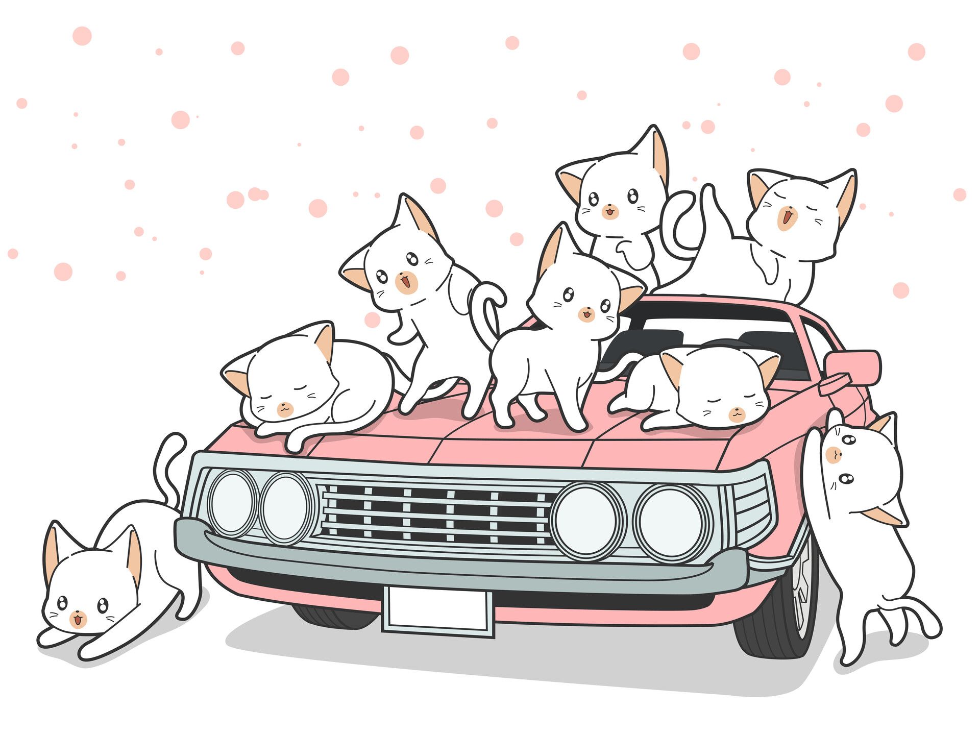 Naris Artyuenyong kawaii cats and pink car in cartoon style