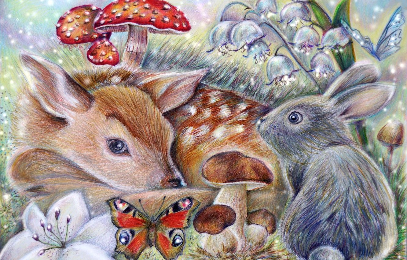 Wallpaper butterfly, mushroom, rabbit, art, Bambi, thumper, the little fawn Bambi image for desktop, section живопись