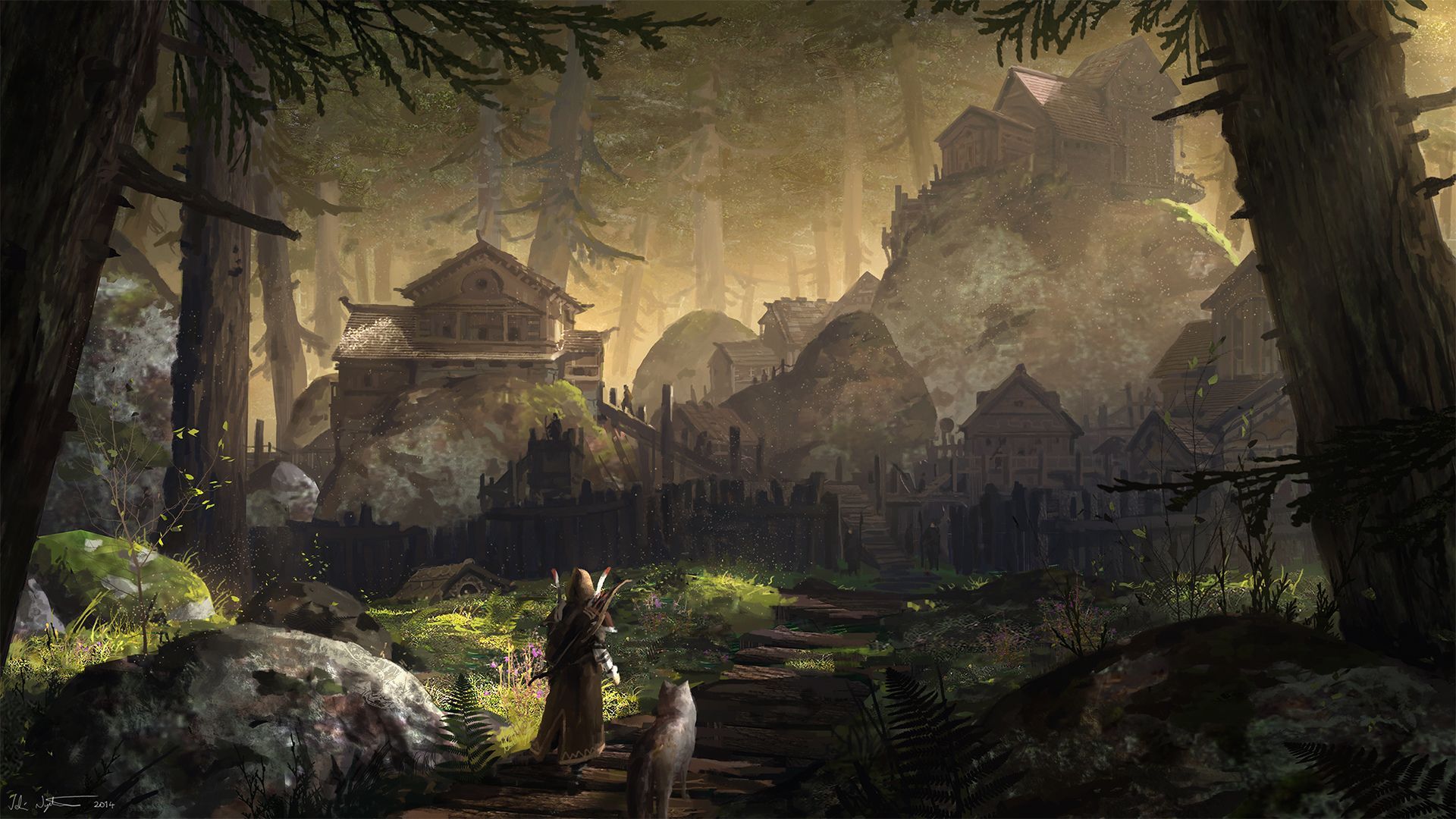 Fantasy City Village Forest Warrior Wolf Wallpaper. Forest village, Fantasy village, Fantasy art