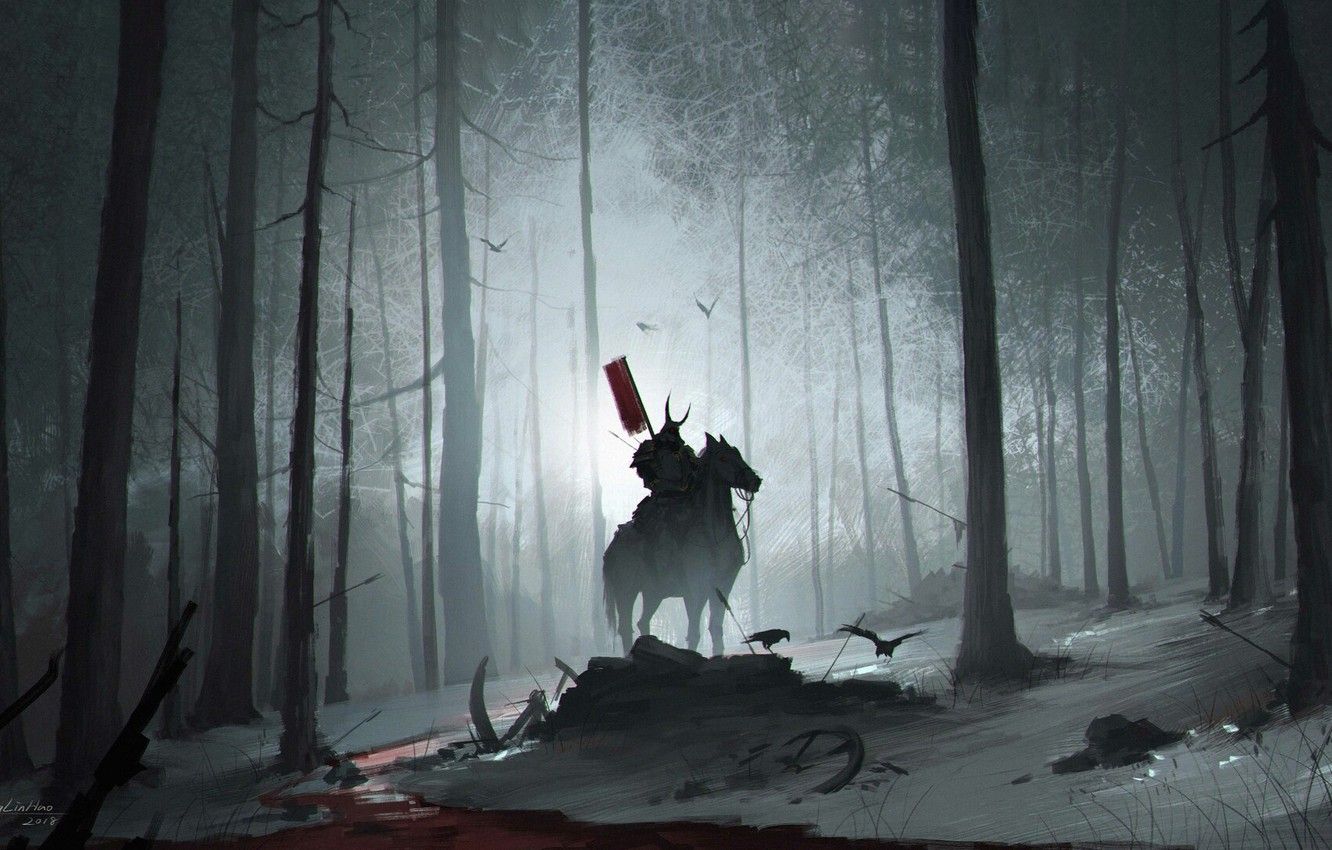 Wallpaper Night, Trees, Forest, Horse, Warrior, Samurai, Warrior, Night, Samurai, Rider, Forest, Horse image for desktop, section арт