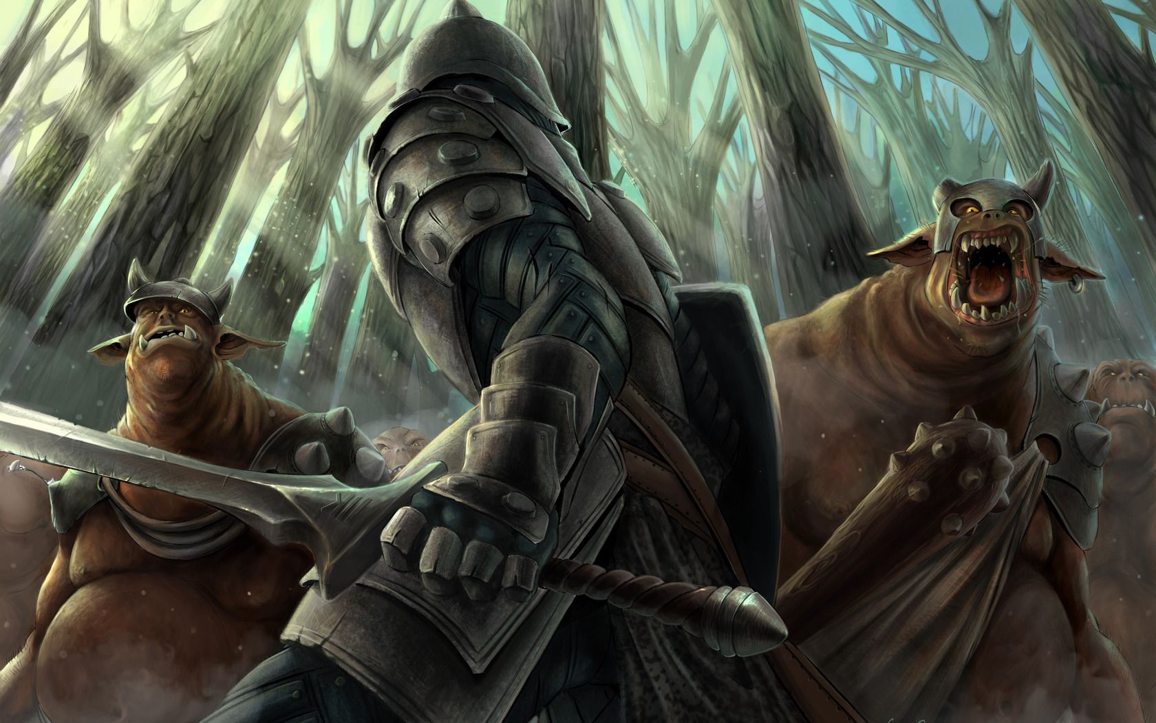 Art, forest, Warrior, armor, Monsters wallpaper desktop background