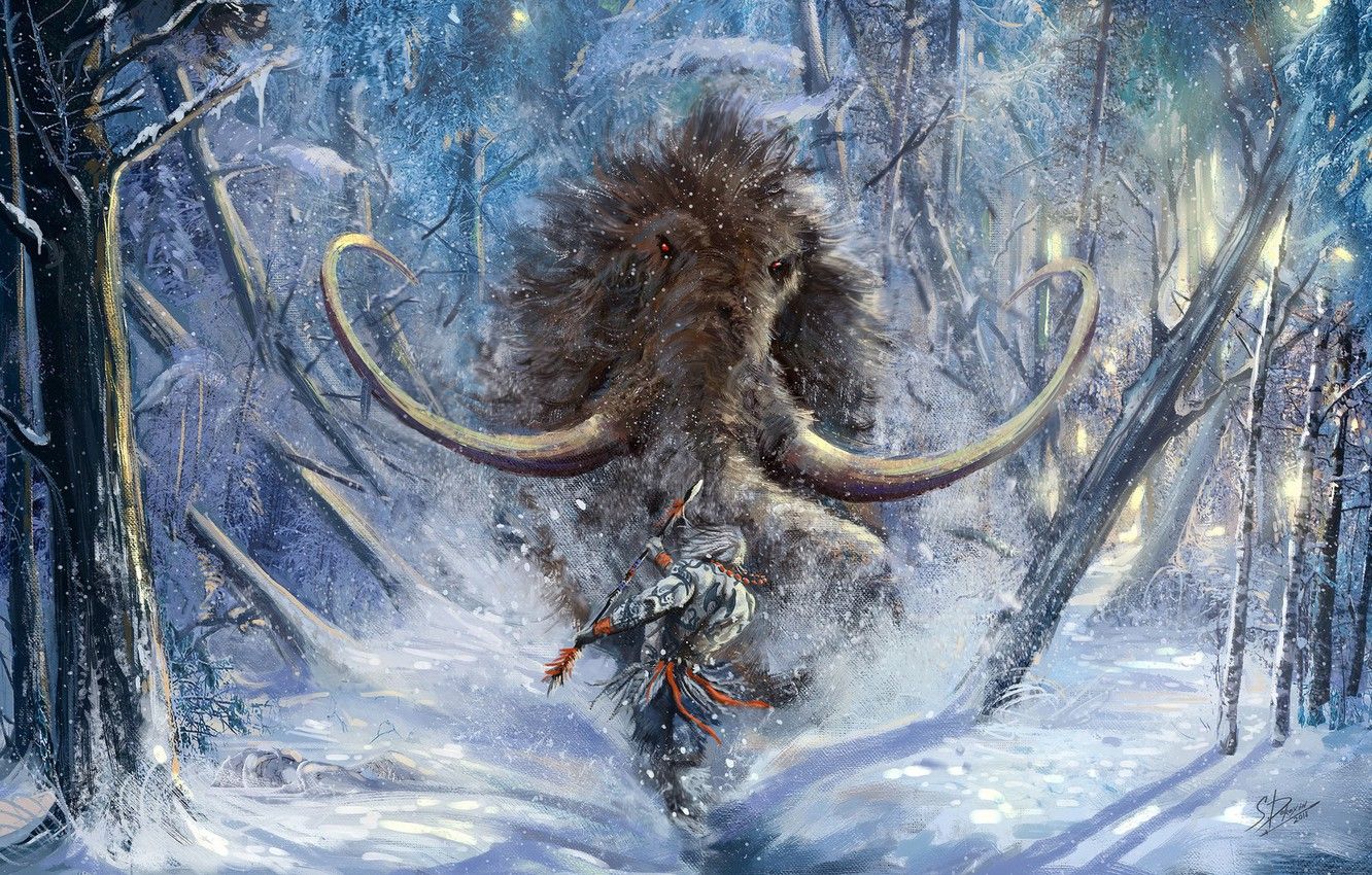 Photo Wallpaper Winter, Snow, Forest, Warrior, Weapons, Fantasy Art HD Wallpaper
