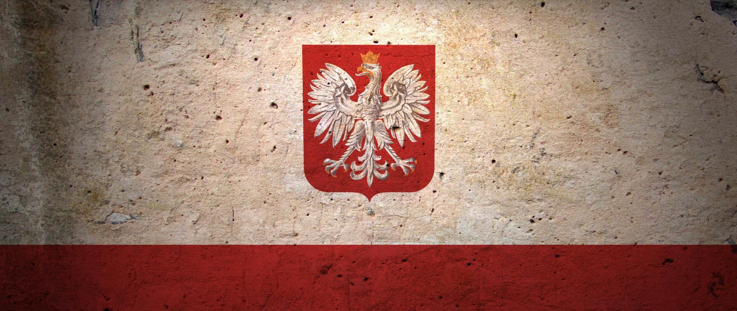 Download wallpaper 2560x1080 flag, coat of arms, poland, symbols, texture dual wide 1080p HD background