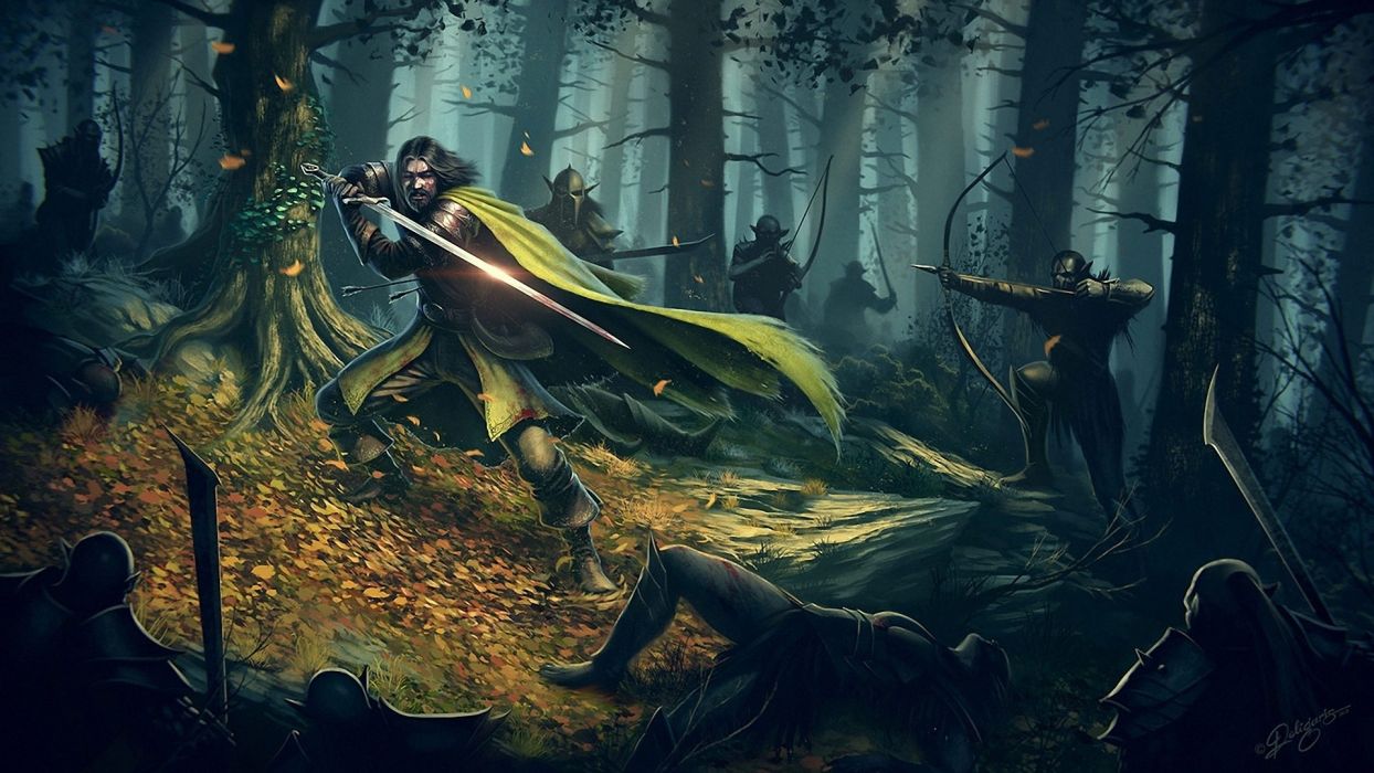 Forest The Lord of the Rings fantasy art orcs artwork warriors bow (weapon) Boromir The Warrior Of Gondor fallen leaves wallpaperx1080