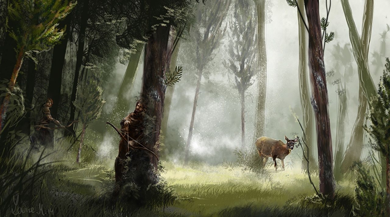 Desktop Wallpaper Deer Archers Warriors Fantasy forest