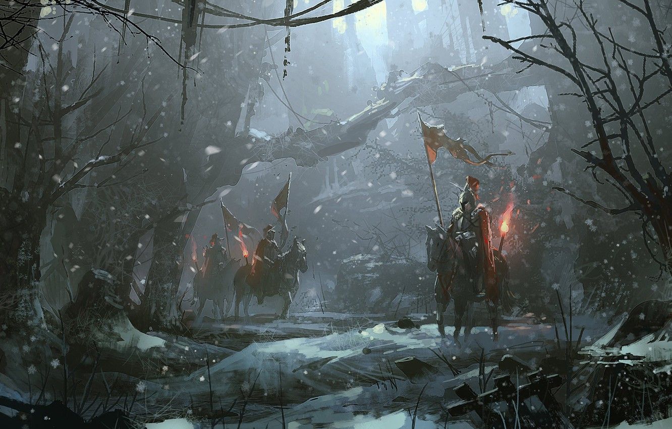 Wallpaper Winter, Night, Figure, Snow, Forest, Warrior, Horse, Art, Art, Army, War, Zudarts Lee, by Zudarts Lee, Art Army image for desktop, section арт