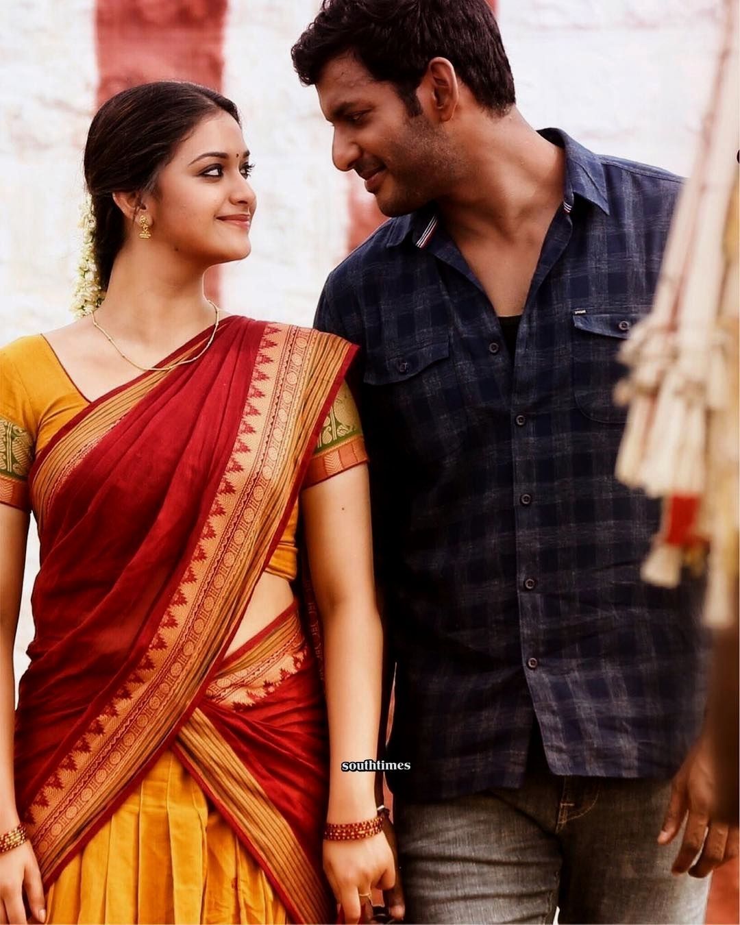 New stills from Sandakozhi 2. #actorvishal #keerthysuresh #TamilGlitz. Beautiful indian actress, Designer sarees collection, Romantic photohoot