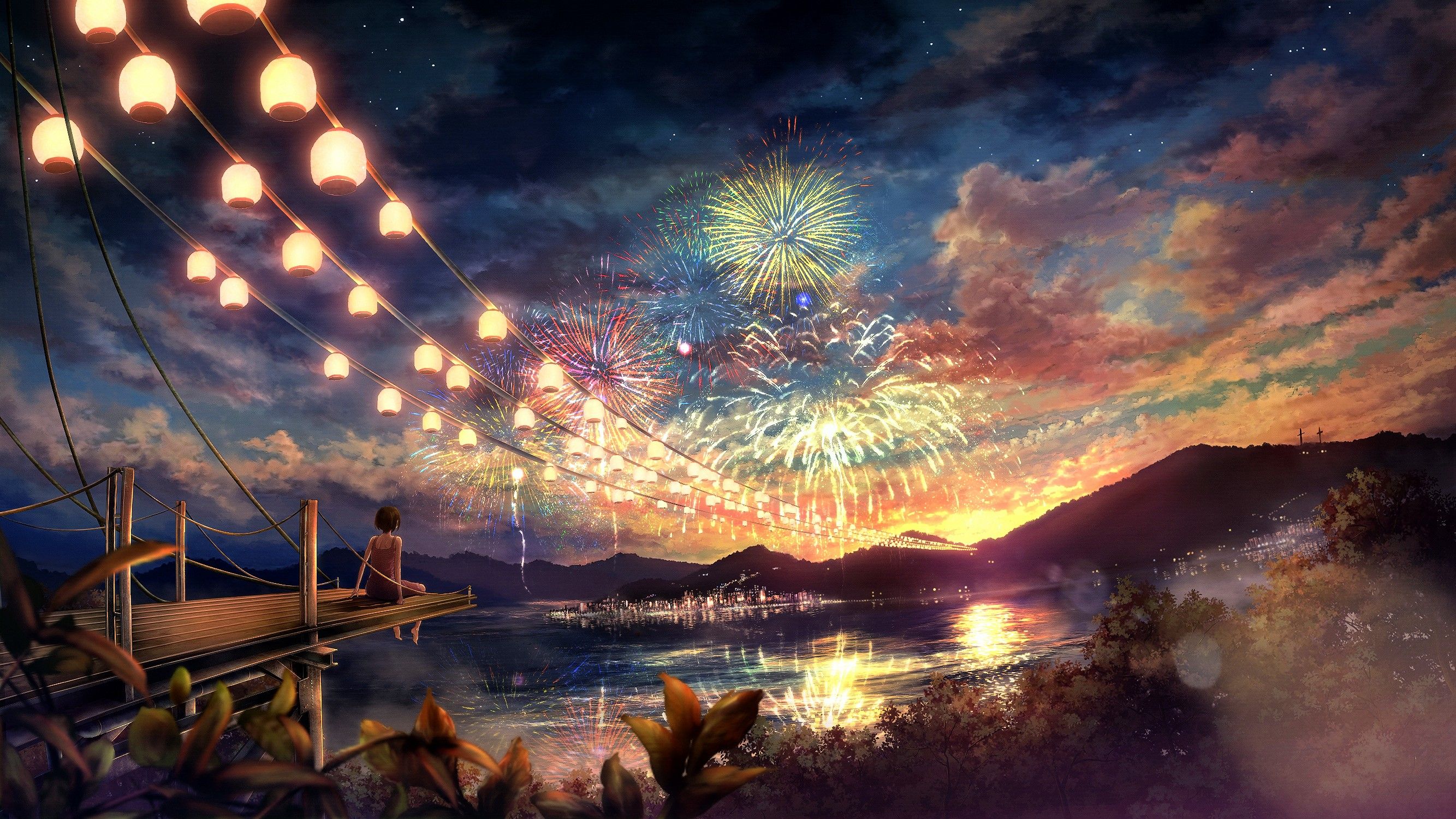 Clouds landscapes trees fireworks scenic anime anime girls cities chinese lantern wallpaperx1500