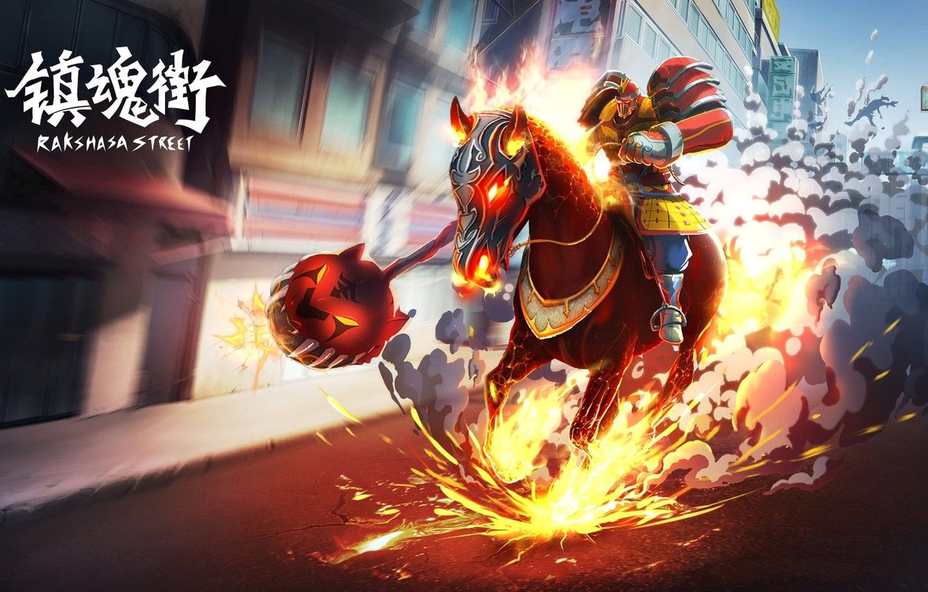Wallpaper China, fire, flame, armor, weapon, anime, street, general, fight, fang, horse, asian, mass, shield, warrior, manga image for desktop, section сёнэн