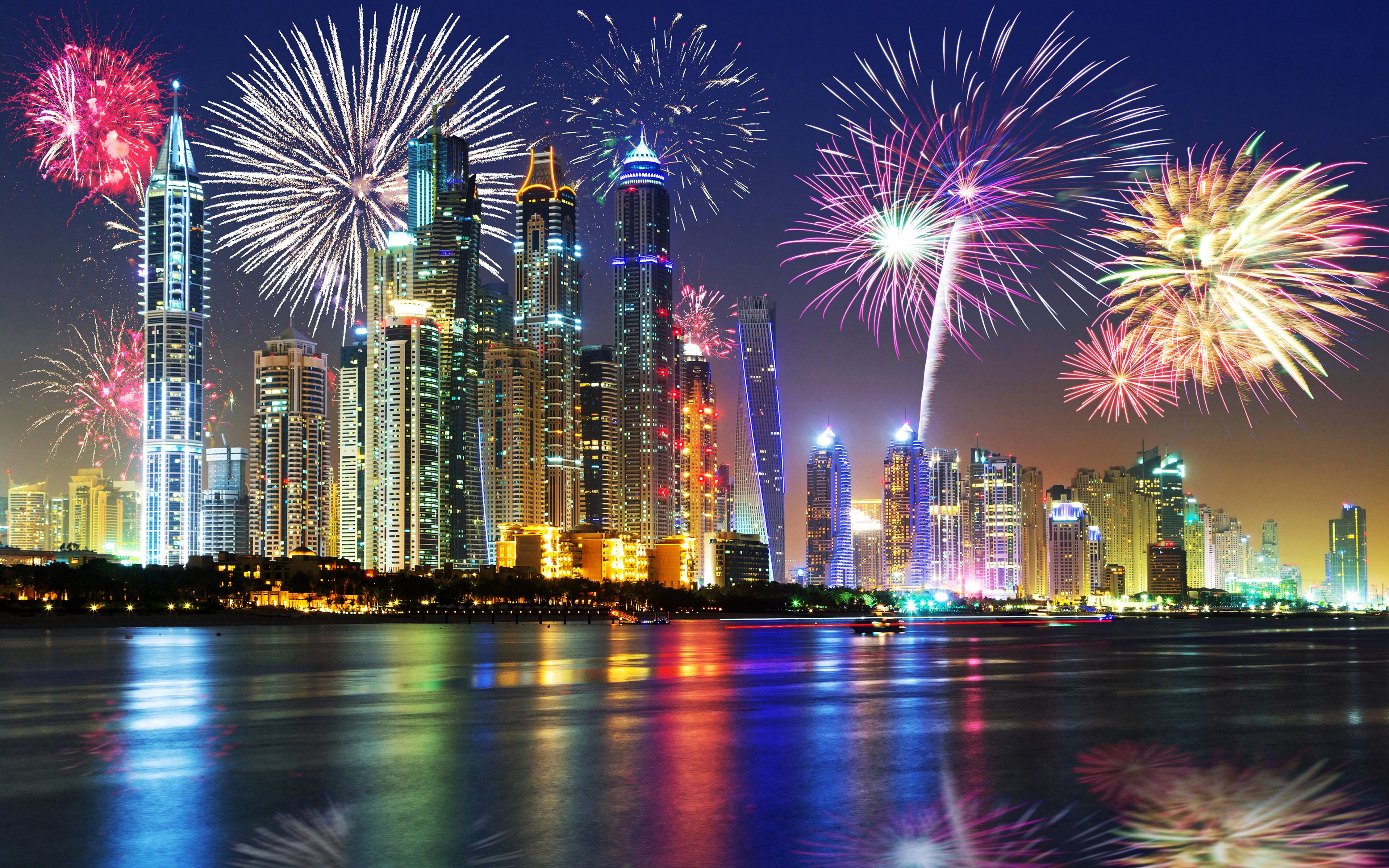 Dubai City At Night Christmas Holidays Fireworks In The Sky Skyscrapers United Arab Emirates Desktop Wallpaper HD For Your Computer 4500x2813, Wallpaper13.com