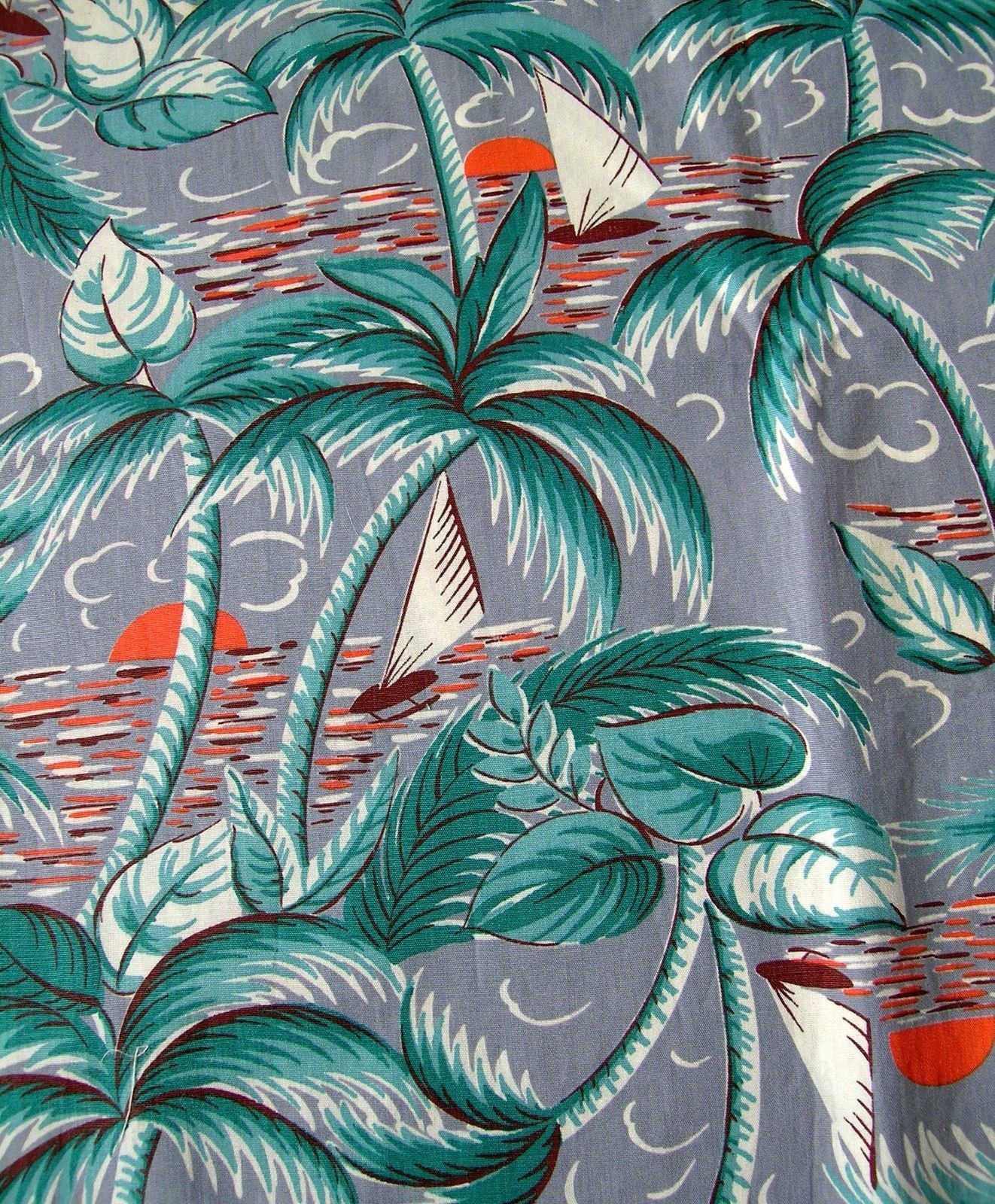 Vintage Original 1950's Printed Cotton Hawaiian Shirt Fabric Tropical Boat Palms. Print design art, Prints, Hawaiian fabric