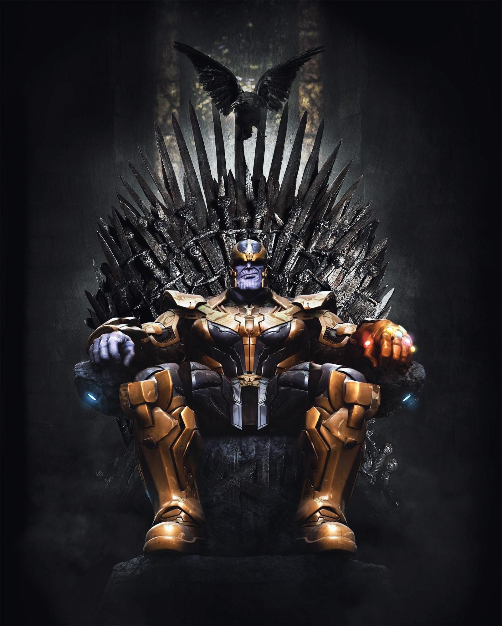 NO SPOILERS Thanos sitting on the Iron Throne. Avengers wallpaper, Marvel characters, Marvel villains