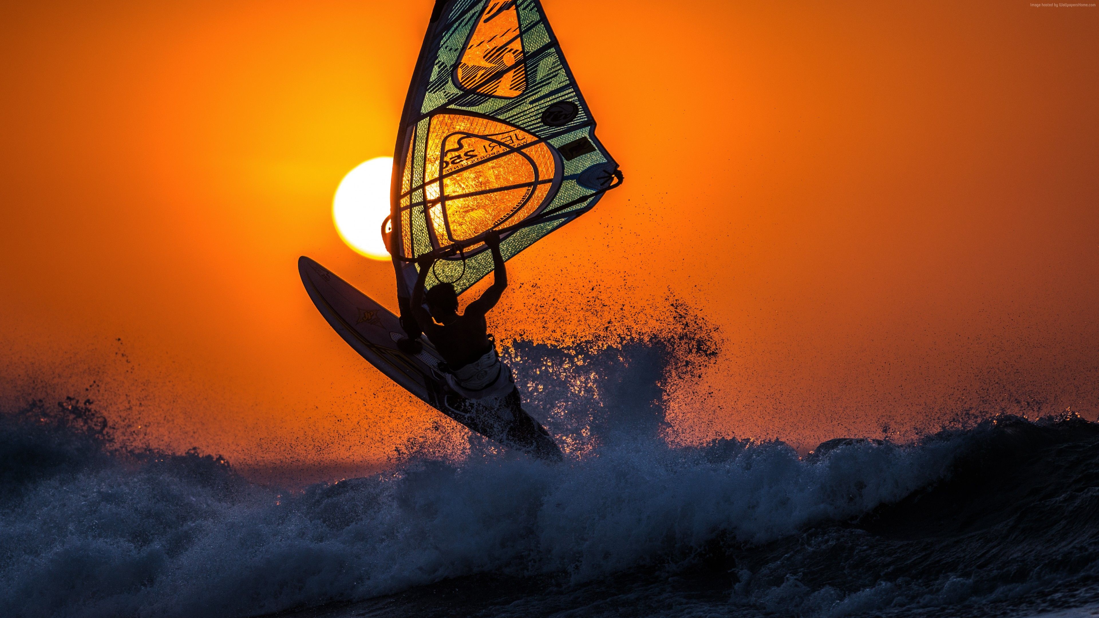 Wallpaper Windsurfing, Sunset, Sky, Sea, Waves, Sport / Wallpaper Windsurfing Sunset Sky Sea Wave. Windsurfing, Surfing, Sports Wallpaper