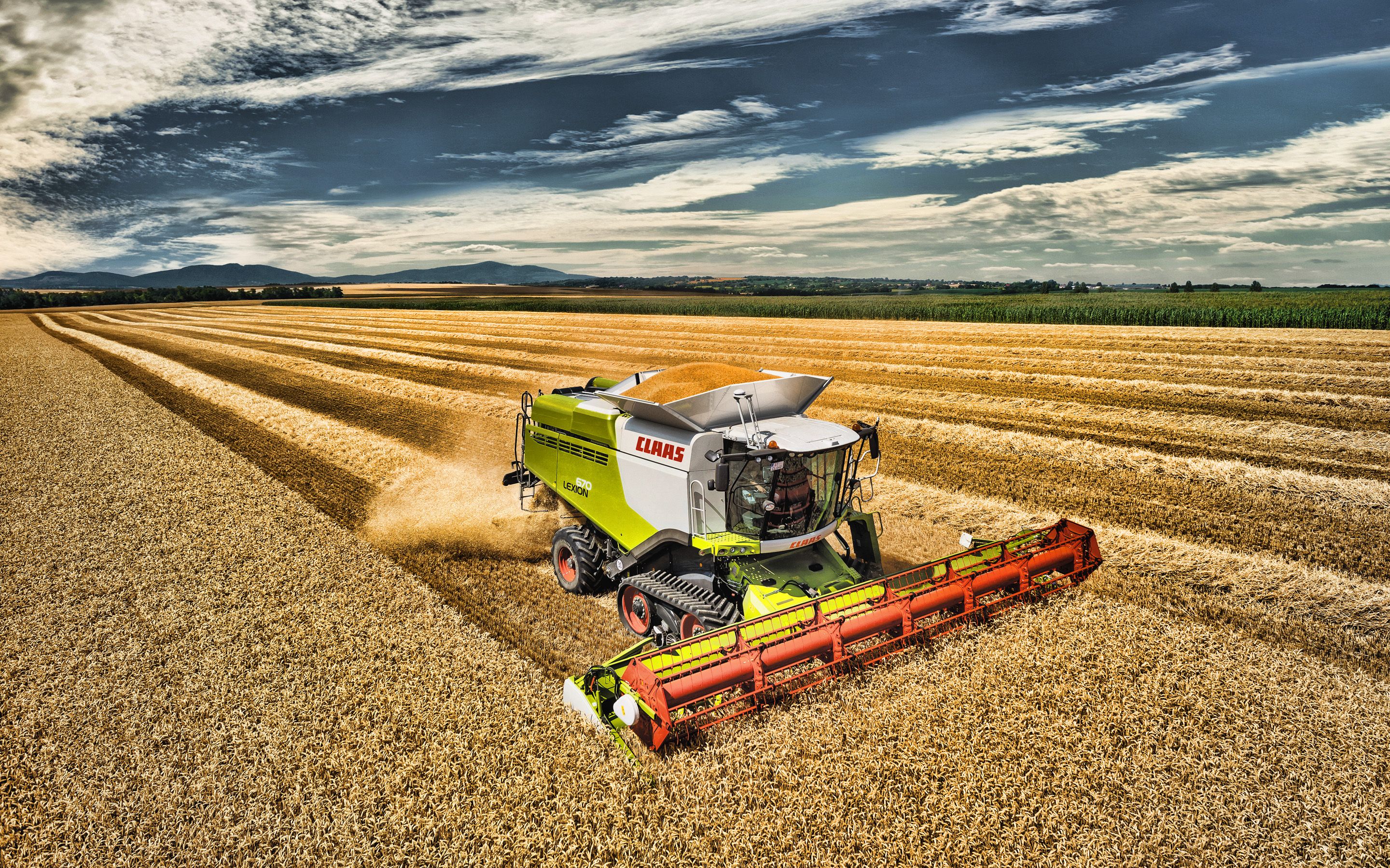 Download wallpaper CLAAS Lexion grain harvesting, HDR, 2019 combines, agricultural machinery, wheat harvest, combine harvester, Combine in the field, agriculture, CLAAS for desktop with resolution 2880x1800. High Quality HD picture wallpaper