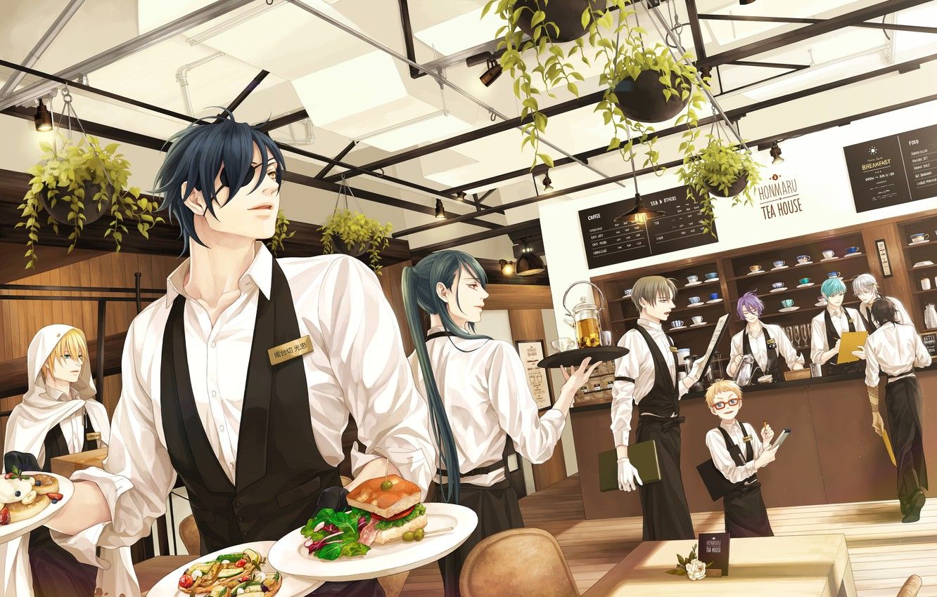 Wallpaper anime, art, restaurant, guys, the waiters, Touken ranbu image for desktop, section сёнэн