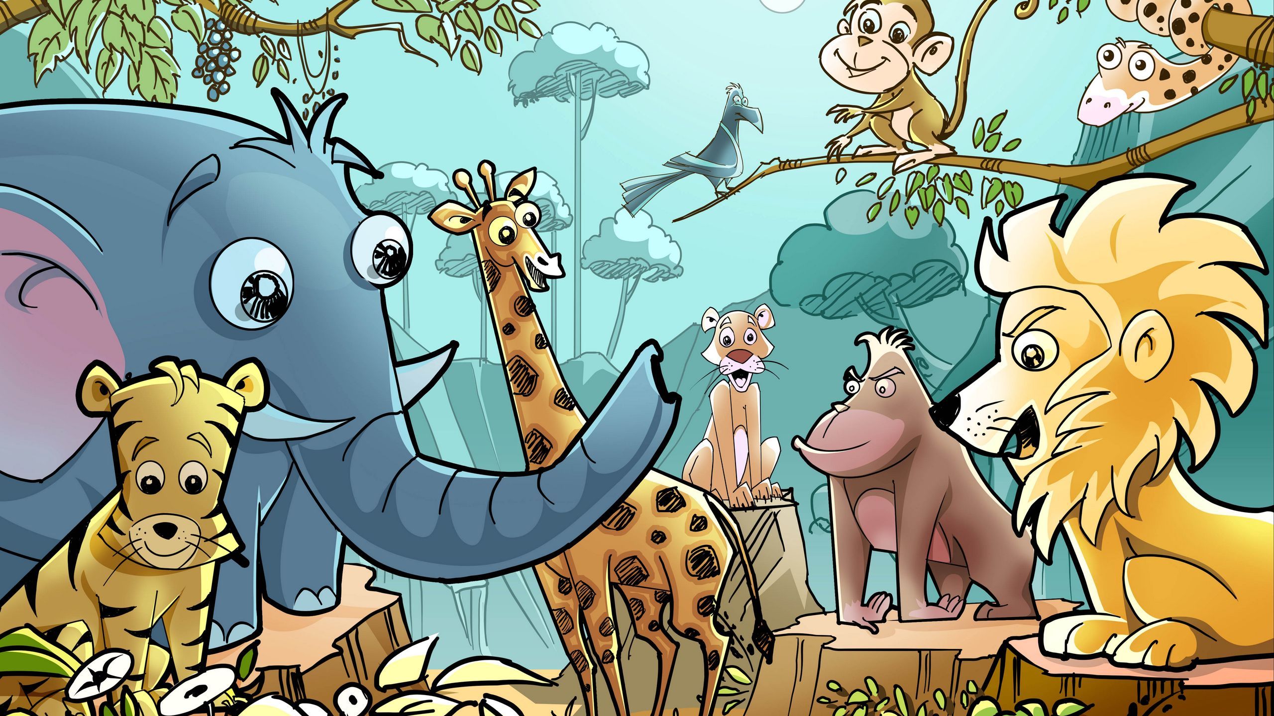 Download wallpaper 2560x1440 animals, cartoon, drawing widescreen 16:9 HD background