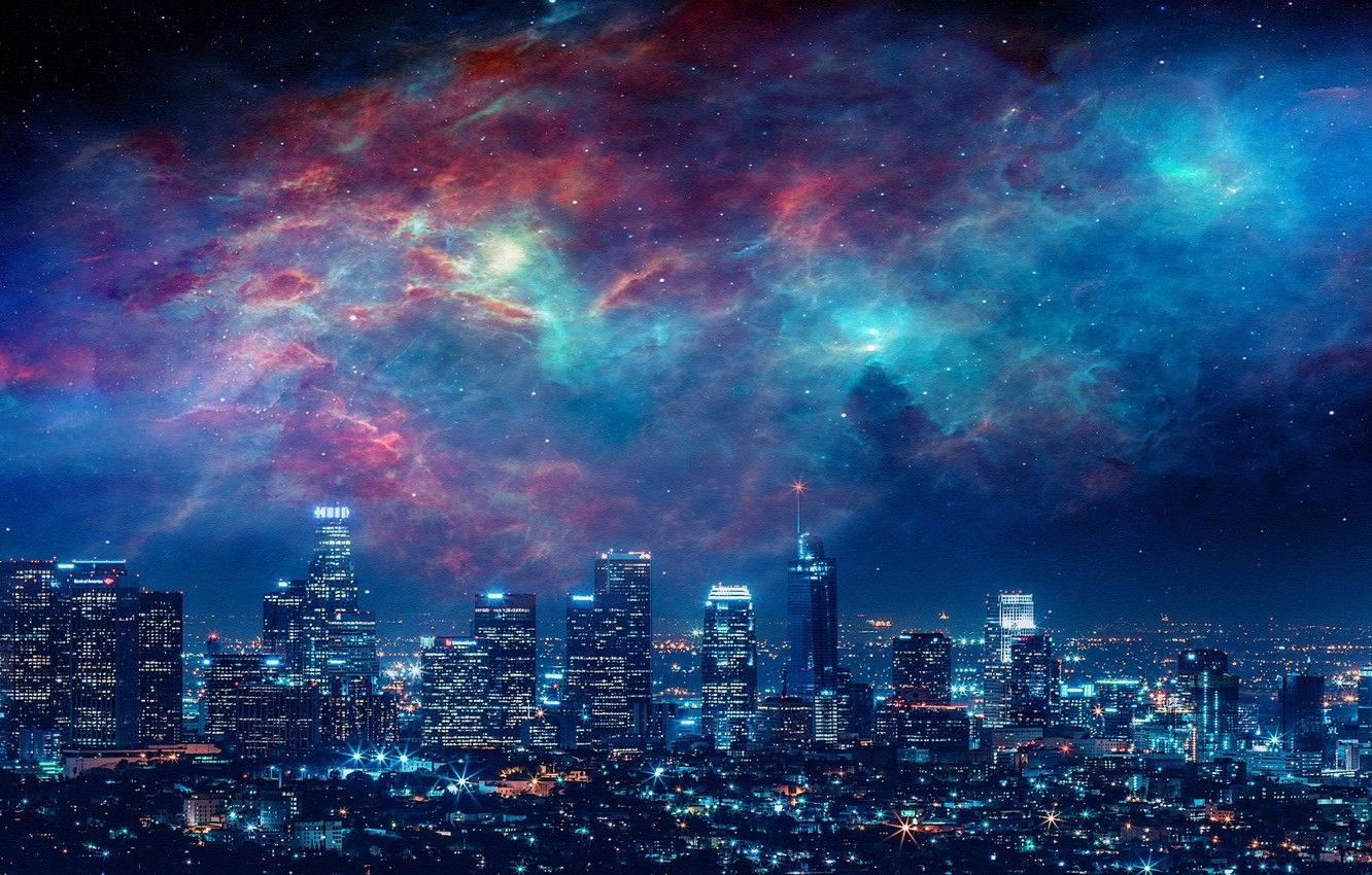 Wallpaper City, Sky, Beautiful, Stars, Space, Art, Galaxies, Landscape, Galaxy, Urban, Night, Los Angeles, , Paint, Dream, Town image for desktop, section город