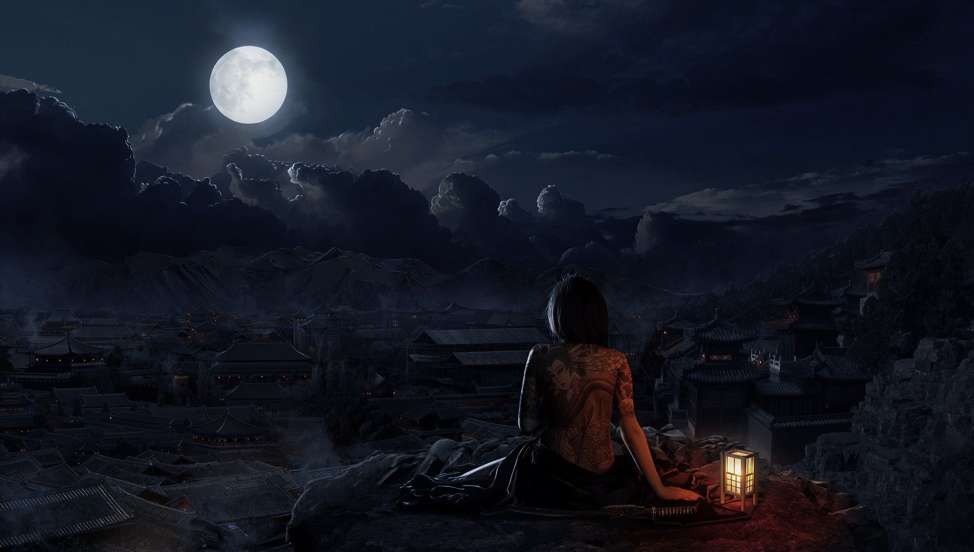 Village Moon Night Oriental Drawing Tattoo Women Fantasy Art Lantern CGi Anime Fantasy Girl Fantasy Wallpaper:1914x1086