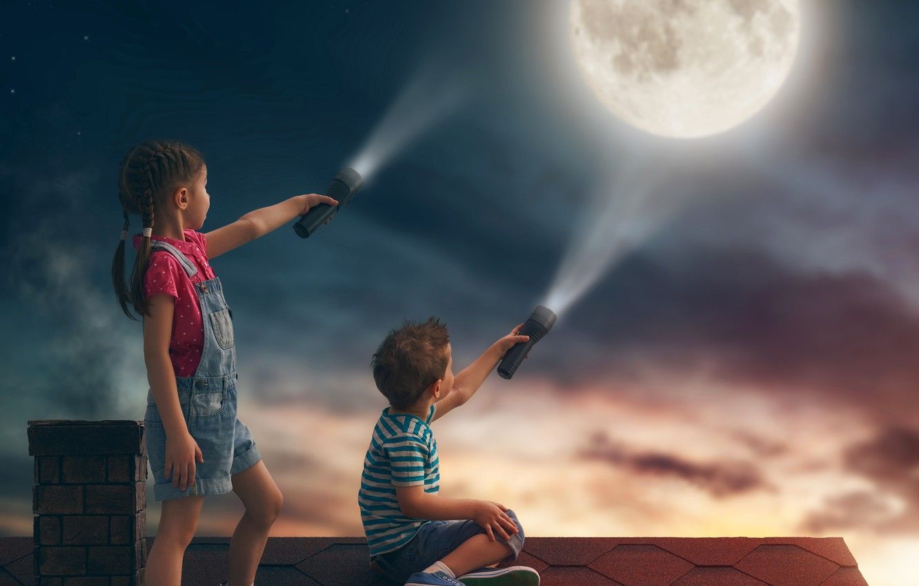 Wallpaper roof, the sky, night, children, house, the moon, boy, girl, lantern, moon, friends, night, children image for desktop, section настроения