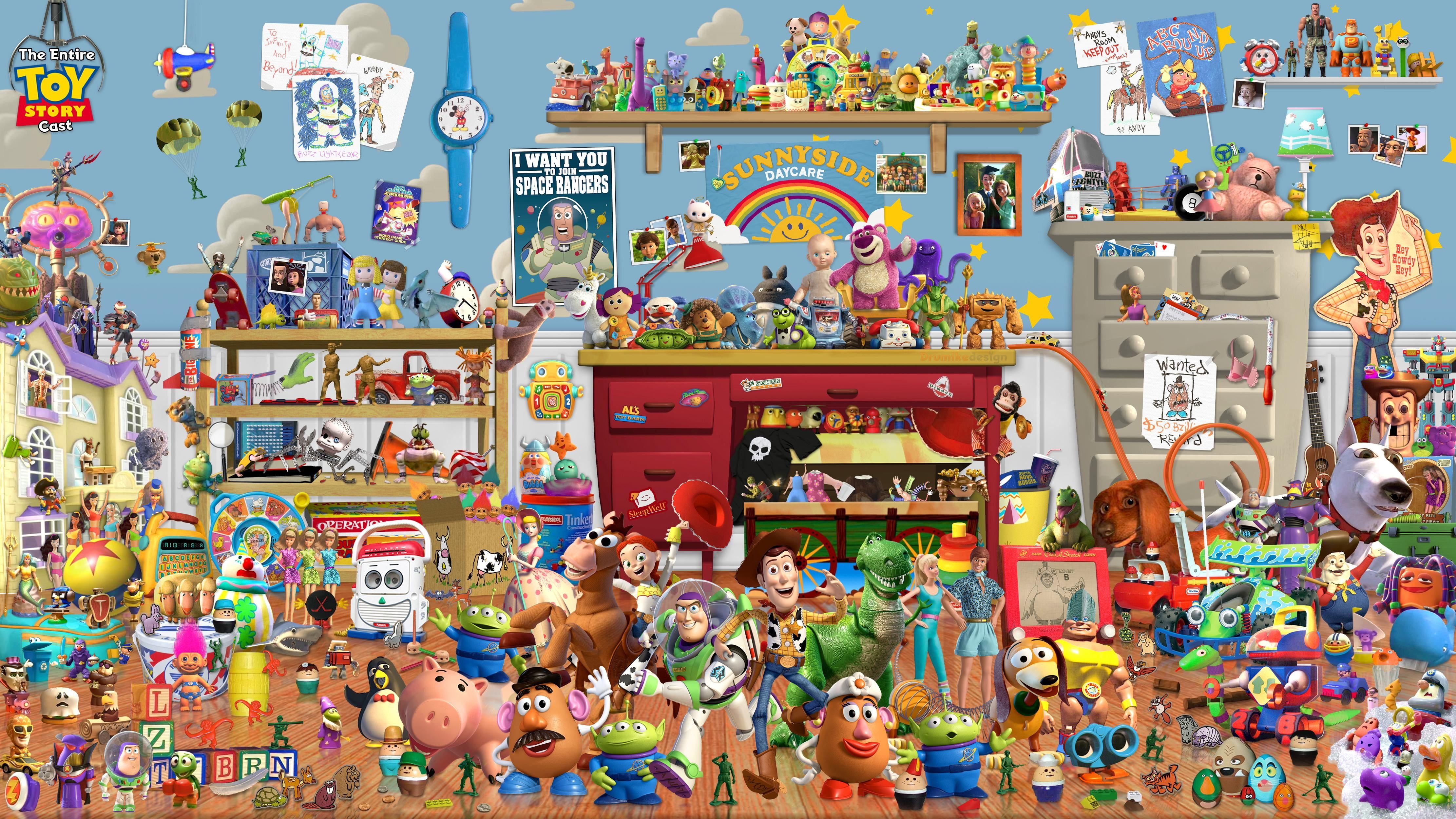 all Toy Story Pixar Characters [4444 x 2500] (good luck trying to find desktop icons after making this your wallpaper)