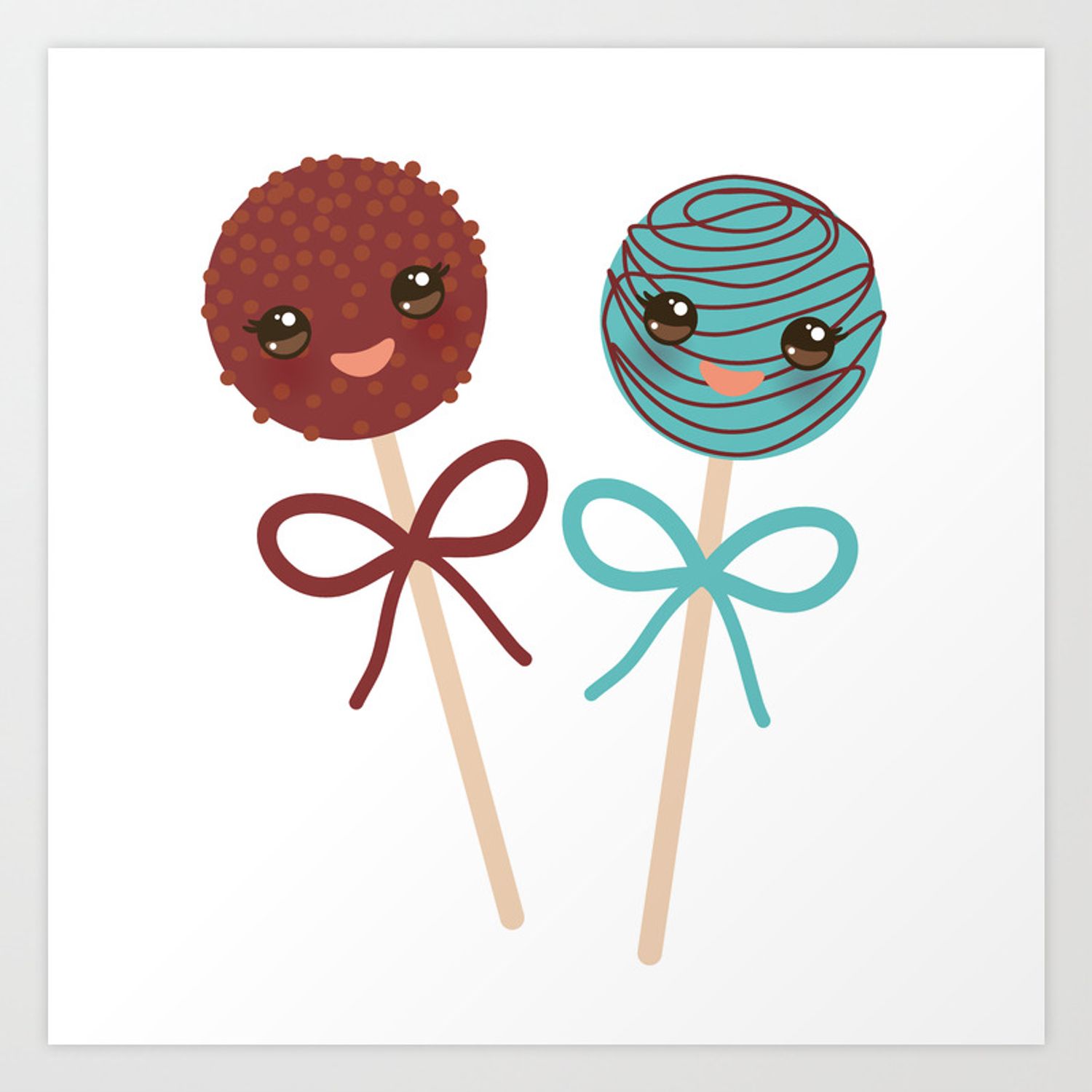 cute funny kawaii chocolate and blue Sweet Cake pops set with bow on white background Art Print