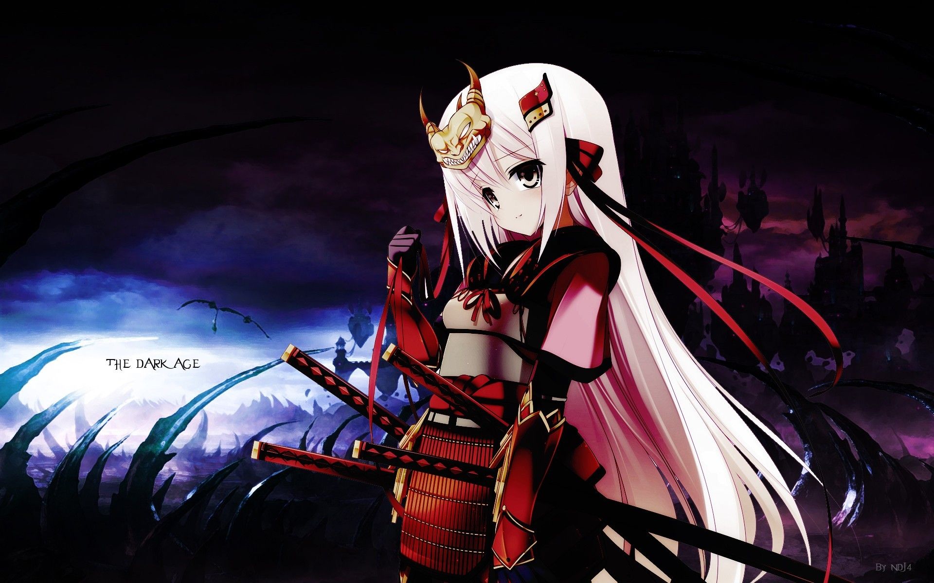 Dark katana samurai long hair ribbons weapons armor pink hair anime girls swords hair ornaments wallpaperx1200