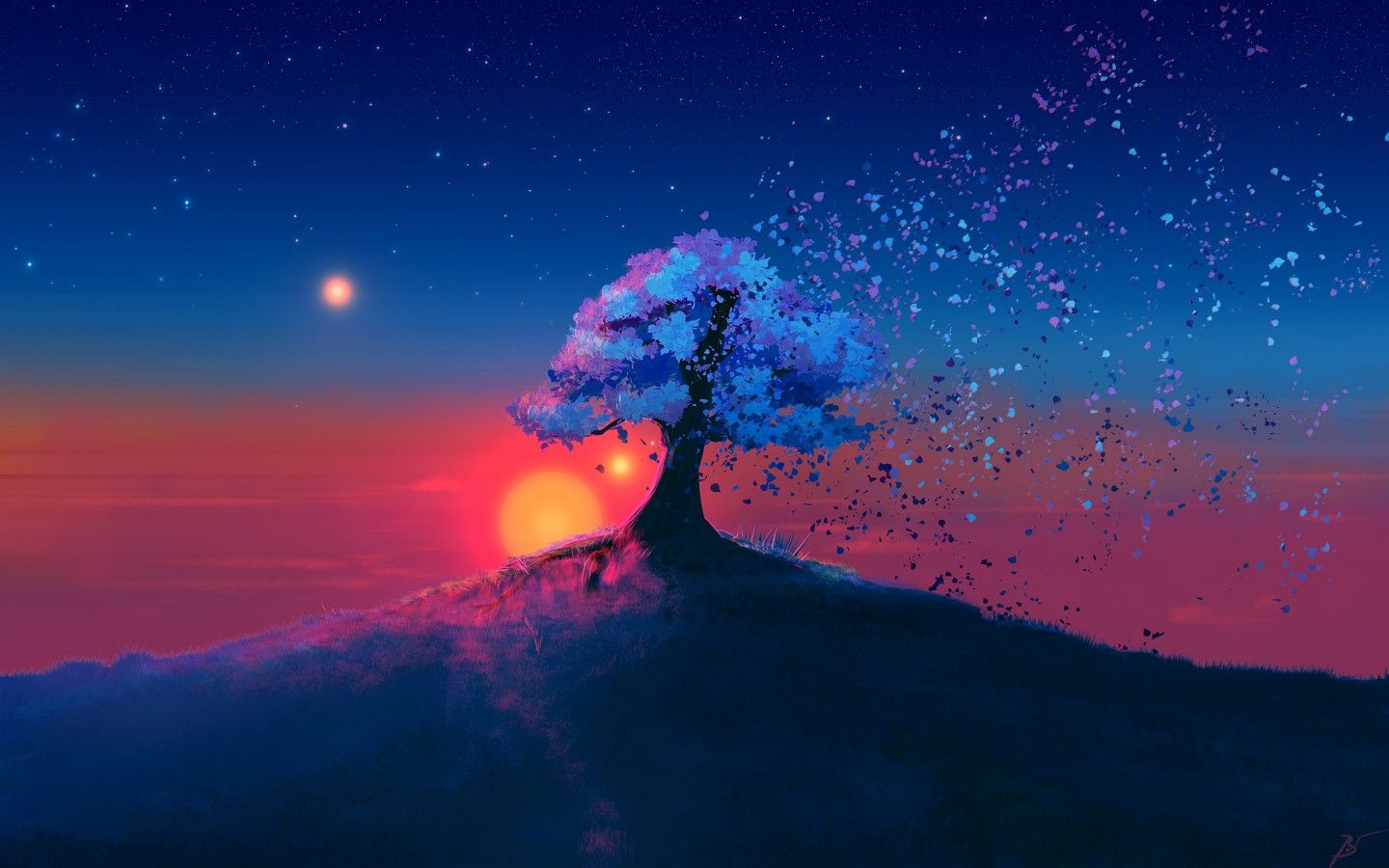 Wallpaper Sunset, Tree, Breeze, Artwork, HD, Creative Graphics,. Wallpaper for iPhone, Android, Mobile and Desktop