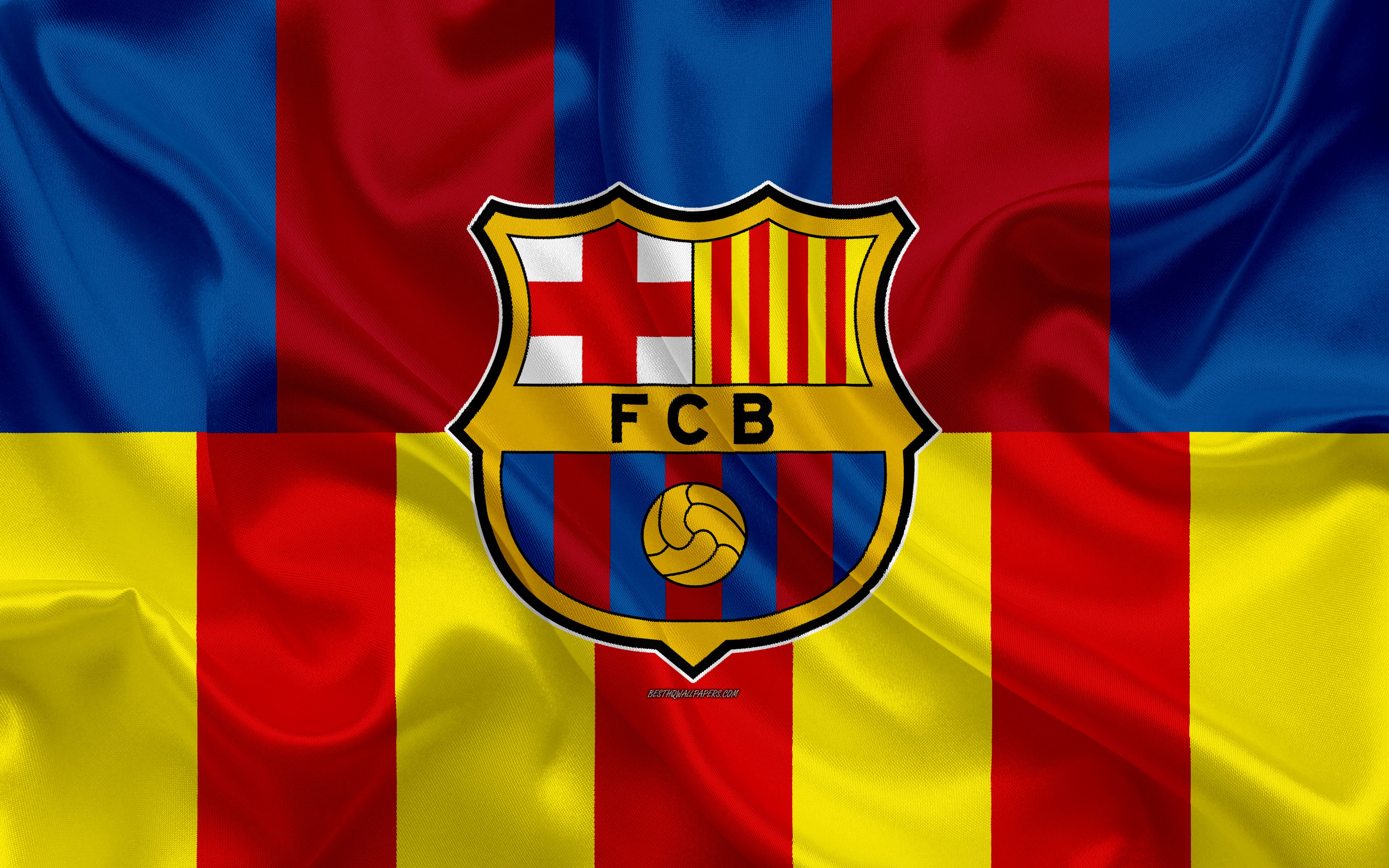 Download wallpaper FC Barcelona, 4k, logo, blue burgundy silk flag, flag of Catalonia, Spain, emblem, Spanish football club, La Liga, football, silk texture, creative art, Barca for desktop with resolution 3840x2400. High