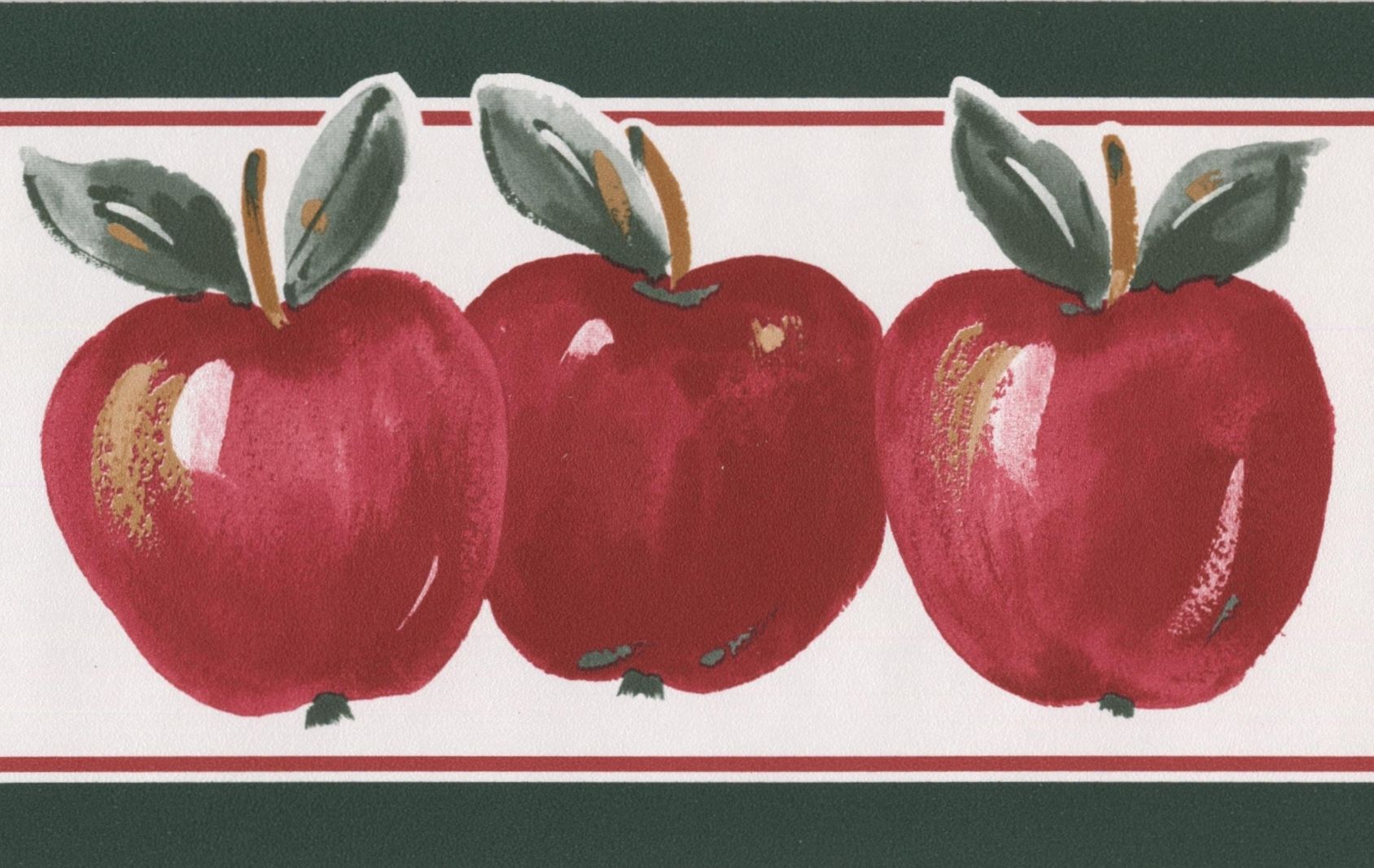 Red Apples Pine Green Trim White Wallpaper Border Retro Design, Roll 15' x 5