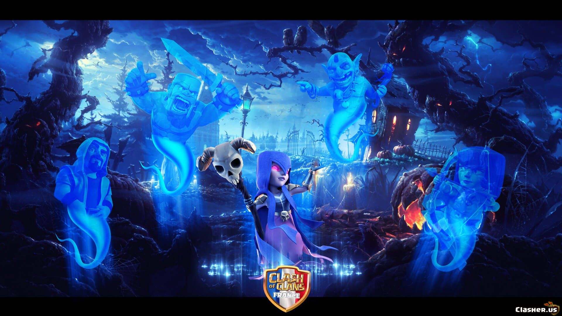 ghost, witch, wizard, barbarian, archer, goblin of Clans Wallpaper