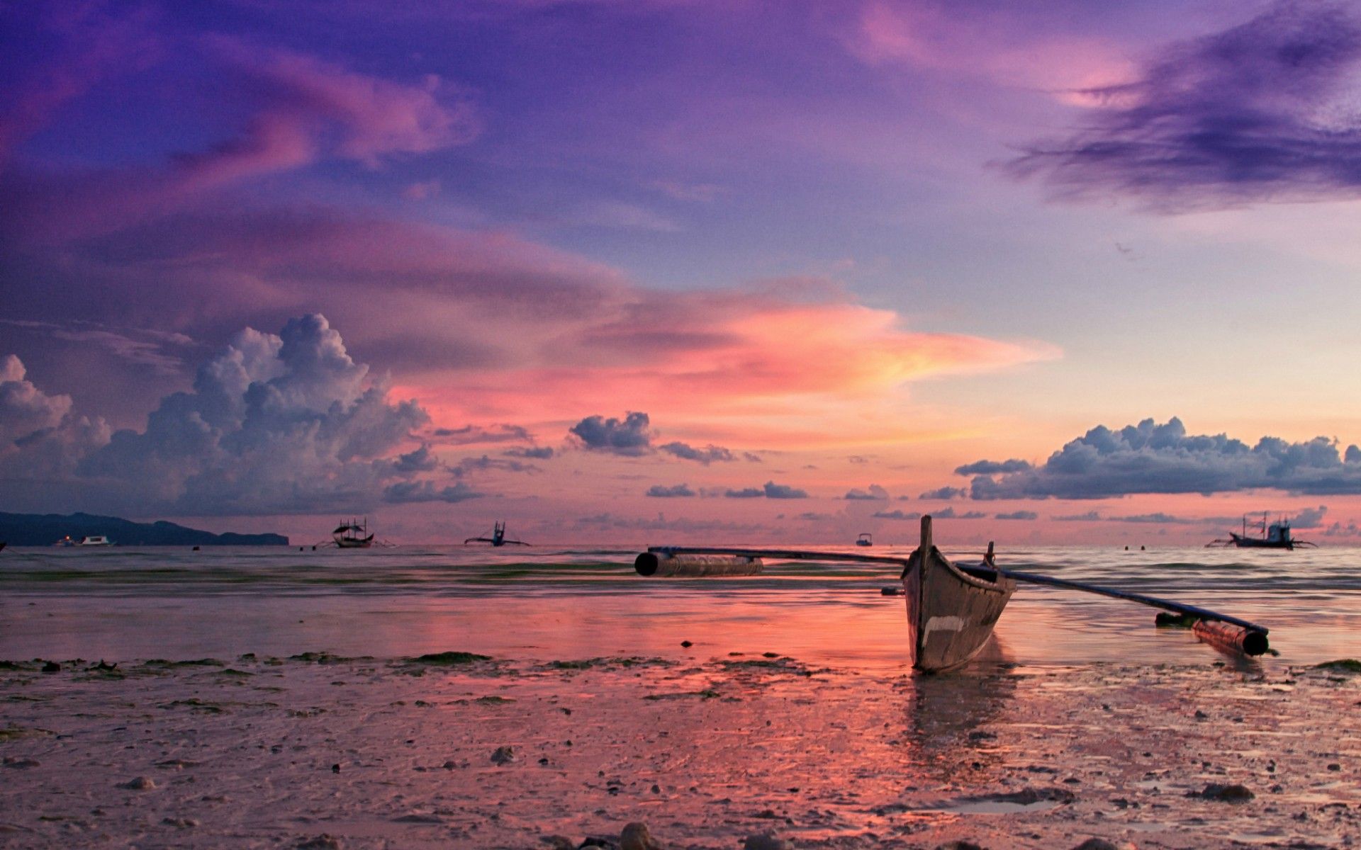 Philippines island ocean beach boat evening sunset sky clouds beaches watercraft sea wallpaperx1200