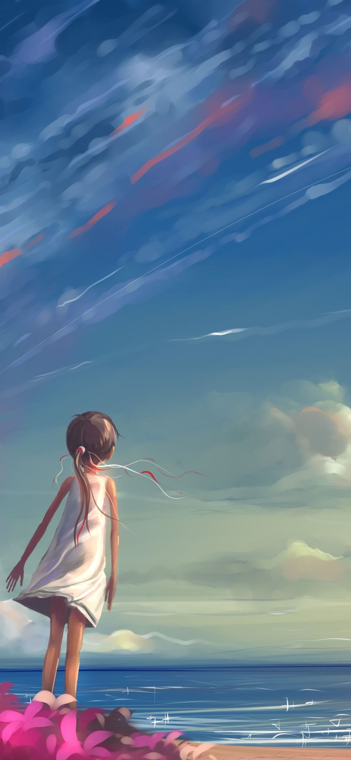 Little Girl, Sea, Sky, Kite, Anime 1125x2436 IPhone 11 Pro XS X Wallpaper, Background, Picture, Image