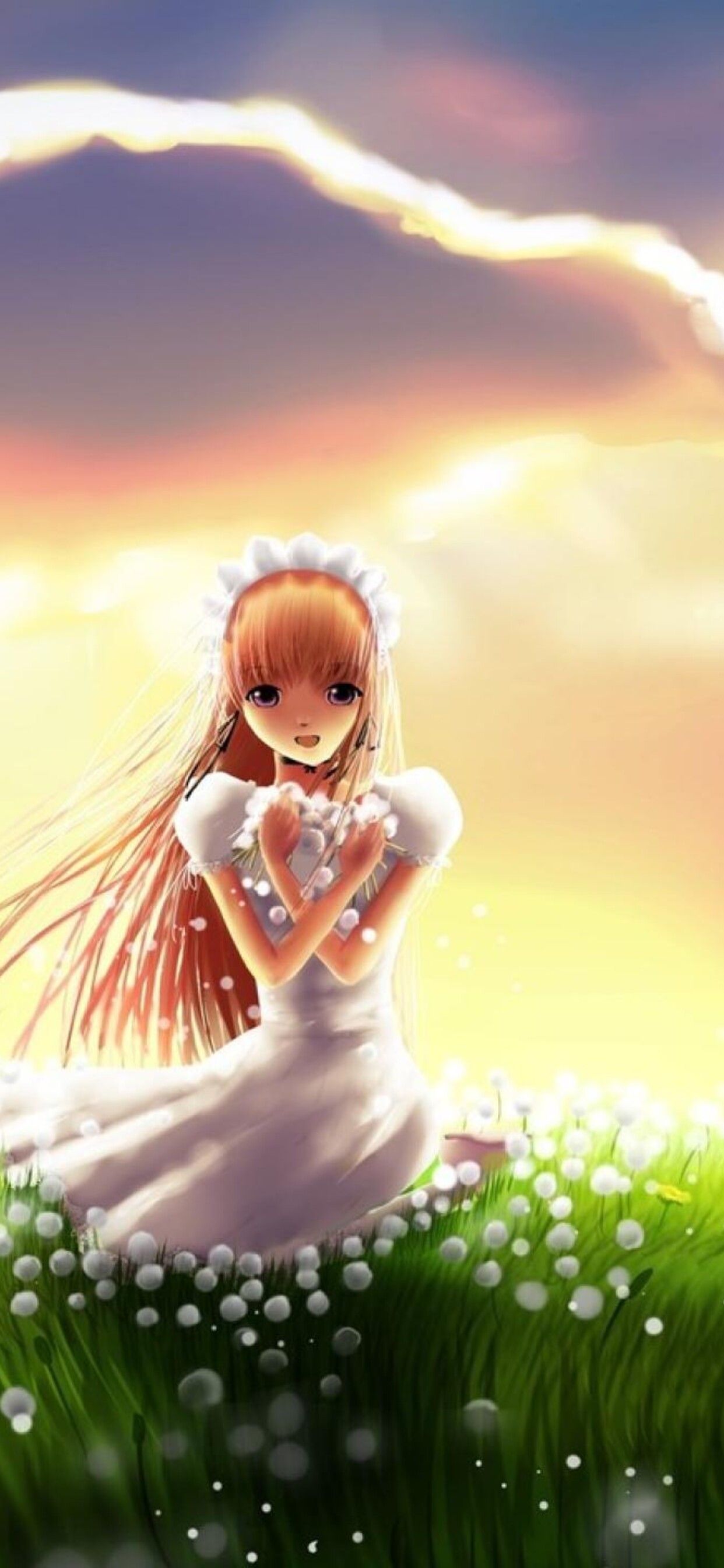 Anime bride on a field full with dandelions