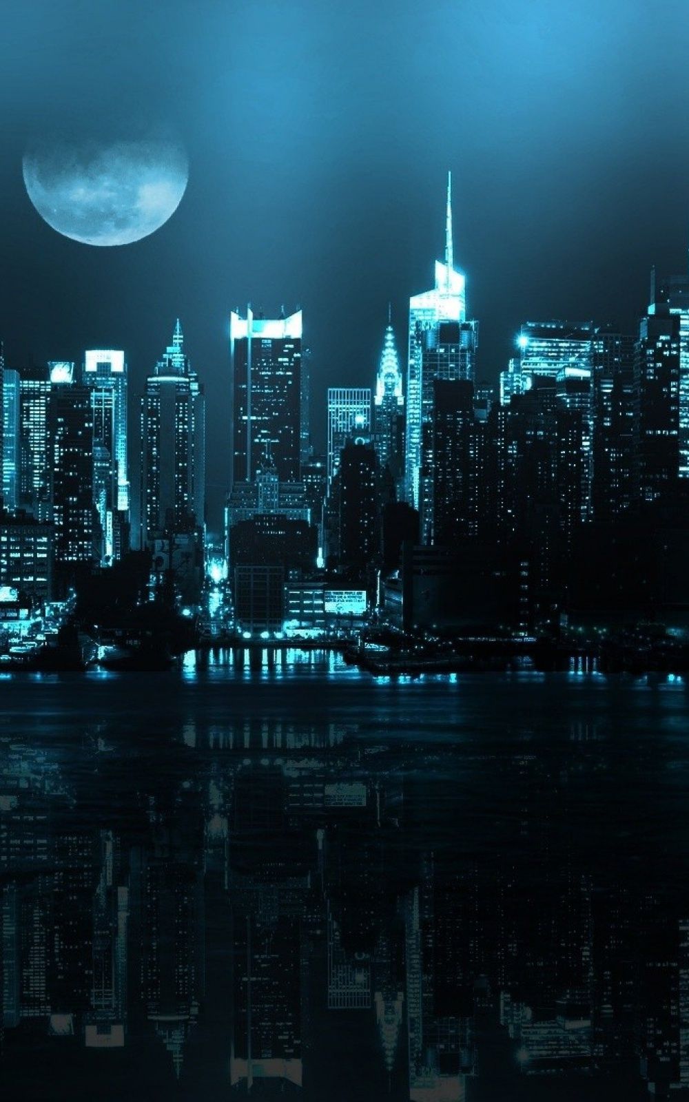 Blue City Skyline Full Moon Android Wallpaper free download